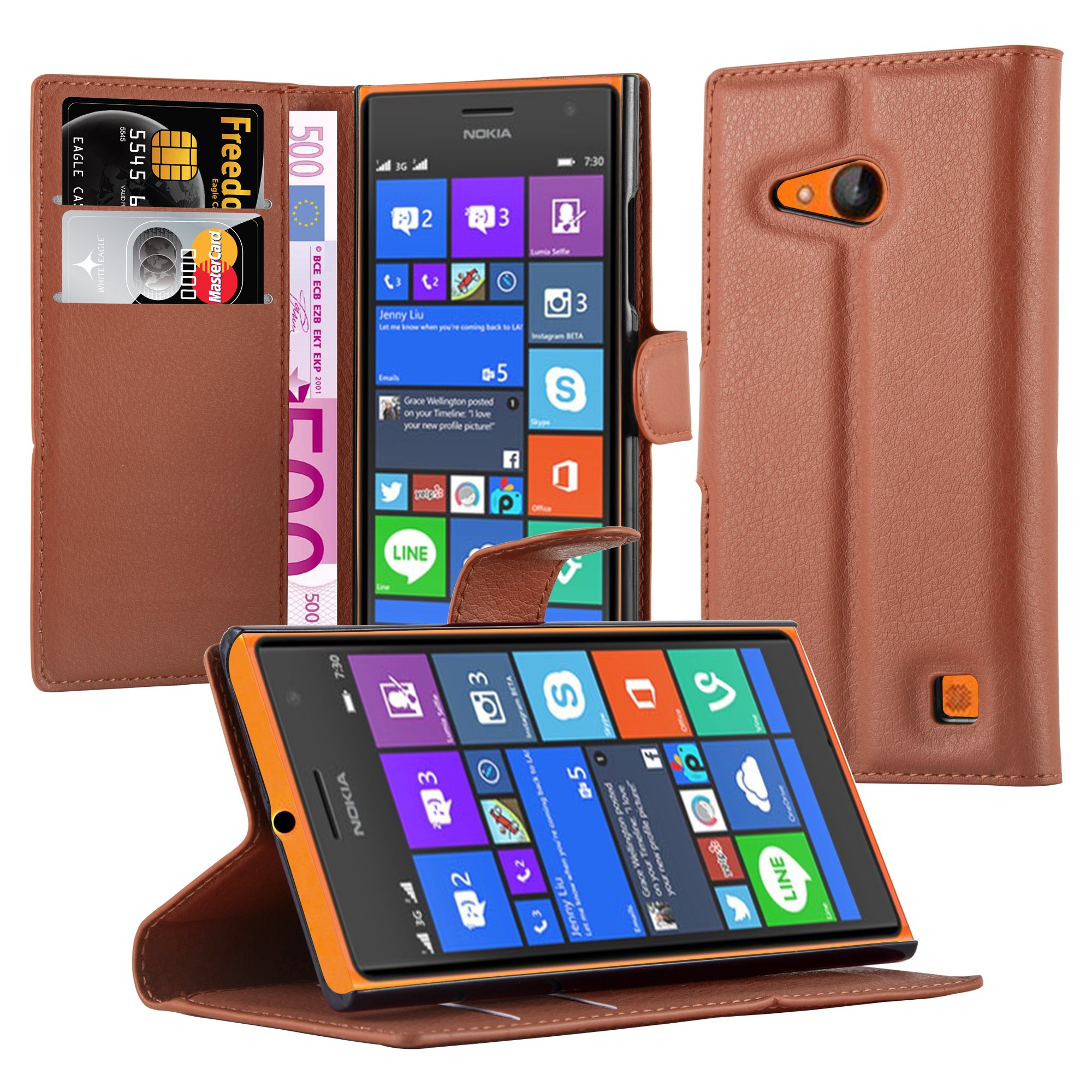 Book Case Compatible with Nokia Lumia 730 in Saddle Brown with Magnetic  Closure, Stand Function and Card Slot Wallet Etui Cover Pouch PU Leather