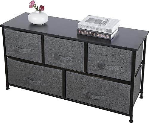 Miniatura 5 de SUPER DEAL Cómoda ancha para dormitorio, organizador de almacenamiento de tela de 5 cajones, marco de acero resistente, parte superior de madera