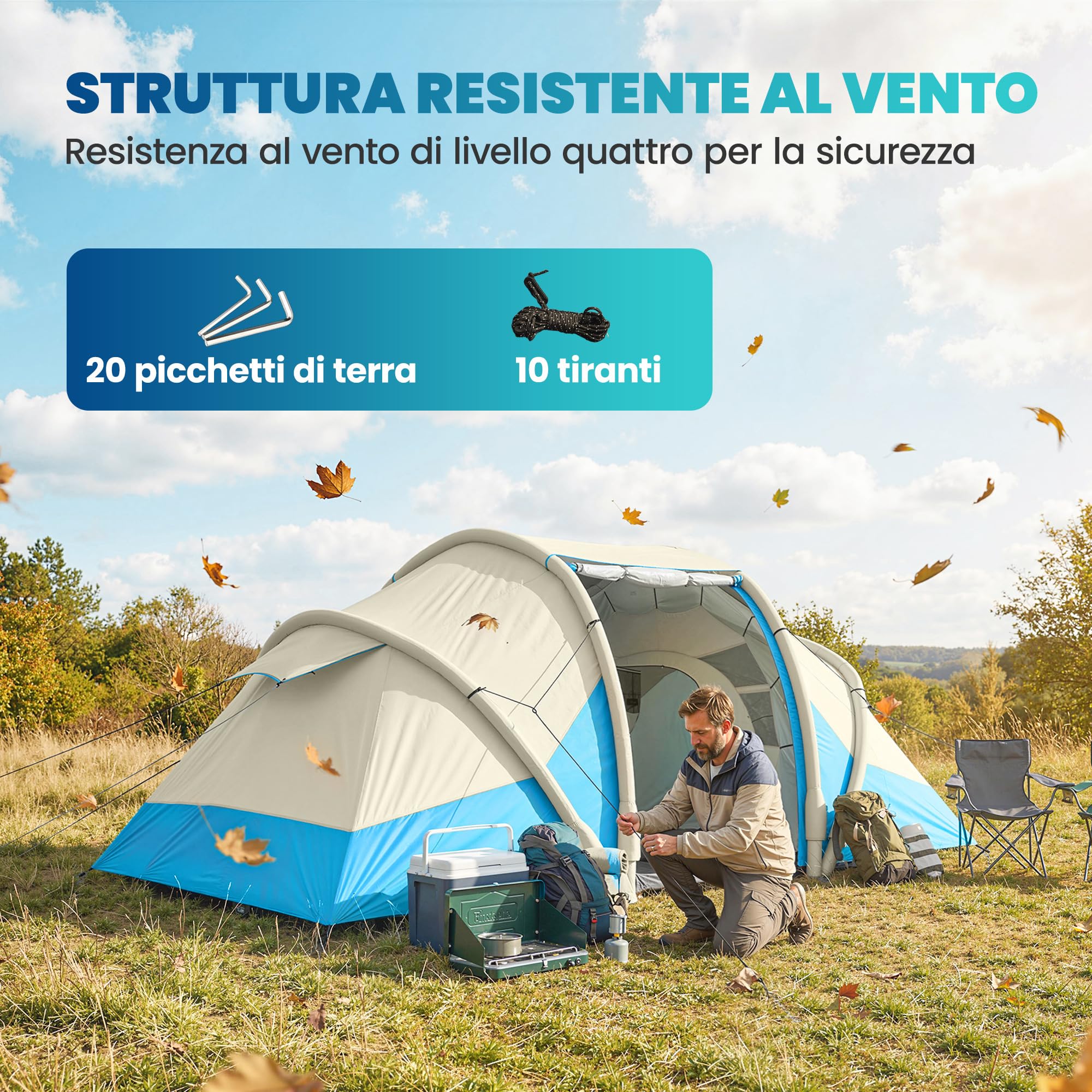 Outsunny Aufblasbares Campingzelt mit Luftpumpe, Campingzelt für 4 Personen, wasserdicht 3000 mm, mit 2 Schlafzimmern, Fenstern, Türen und Tragetasche, schnelle Montage, Blau
