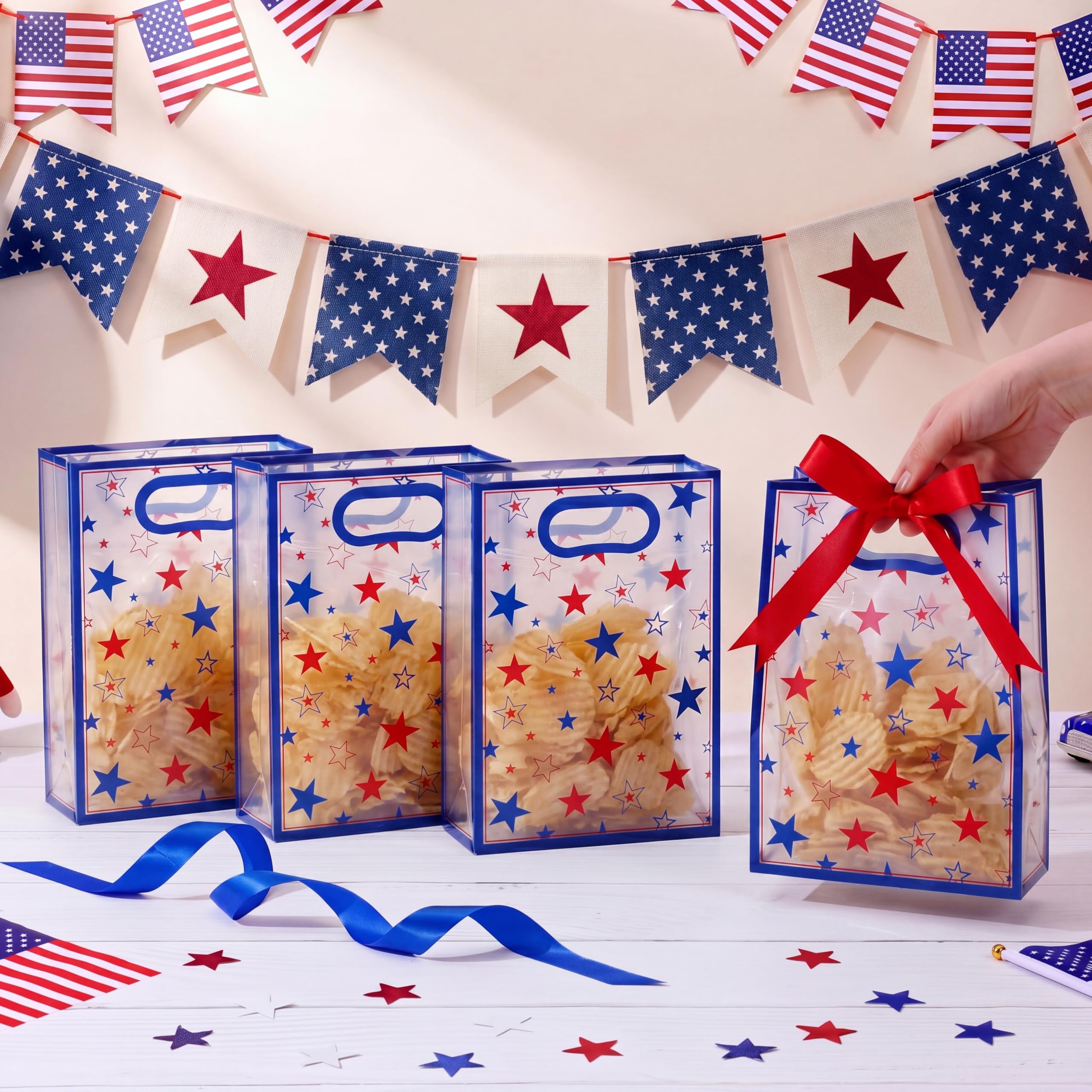 Aliceset 12 Pack Patriotic Clear Gift Bags with Handles Red White Blue Goodie Bags with Bow Ribbon Independence Day 4th of July Decor for USA Veterans Candy Snacks Treat Party Favor, 10x7x3.15''