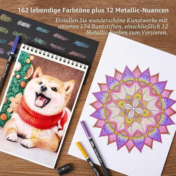 Shuttle Art 174 Colouring Pencils Professional Soft Wax Based Colouring Pencils Set with 1 Colouring Book 1 Sketchbook 1 DIY Painting Sheet 4 Sharpeners and 2 Pen Extenders Colouring Pencils for