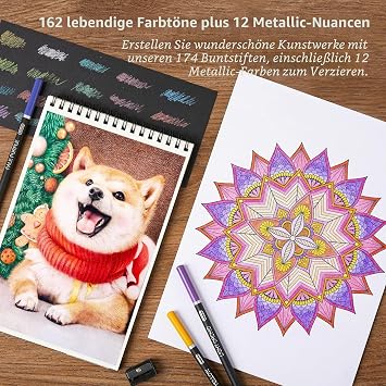 Shuttle Art 174 Colouring Pencils Professional Soft Wax Based Colouring Pencils Set with 1 Colouring Book 1 Sketchbook 1 DIY Painting Sheet 4 Sharpeners and 2 Pen Extenders Colouring Pencils for