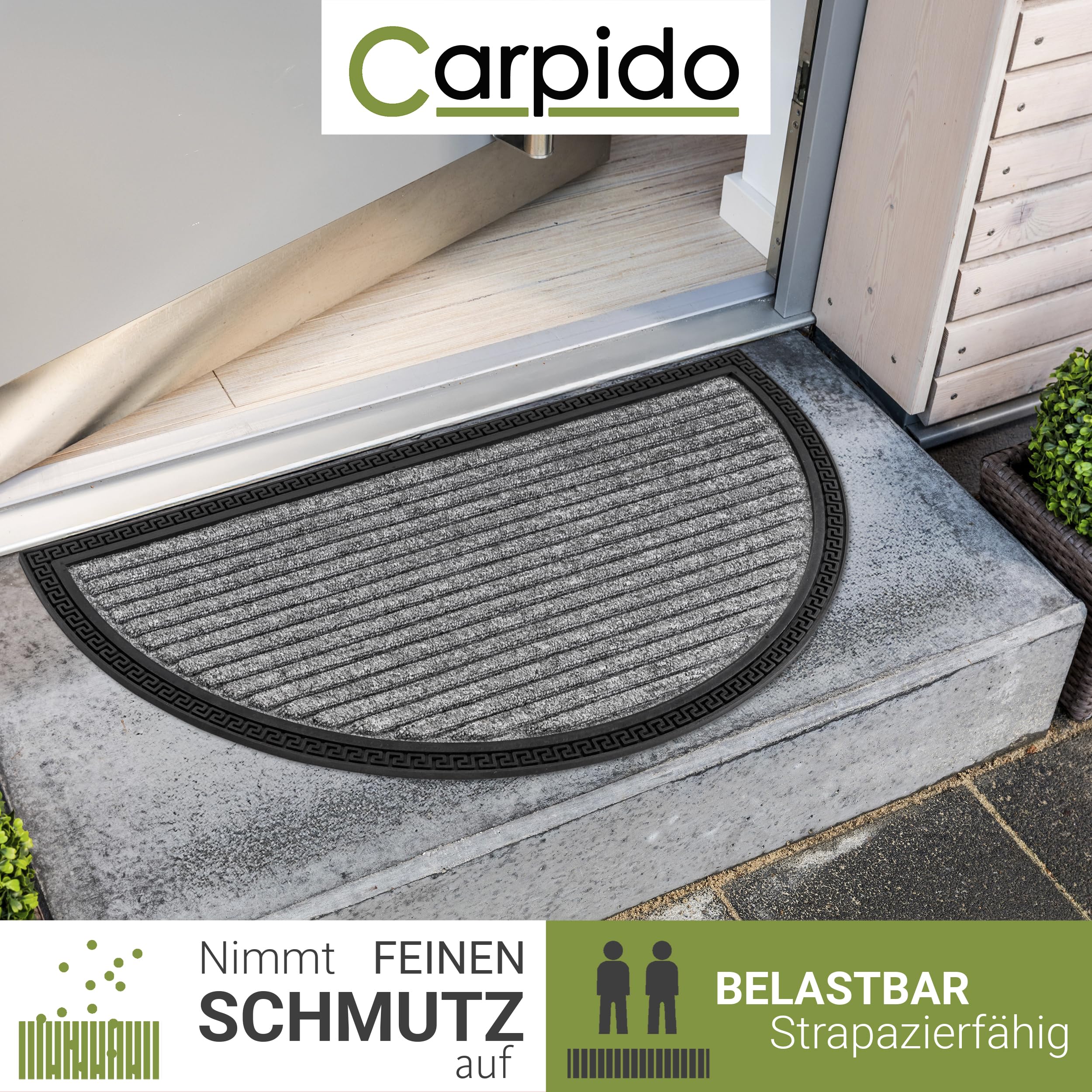 Carpido Fußmatte Außen & Innen - 40x70 cm - Silber Linien halbrund - Türmatte rutschfest - Schmutzfangmatte sehr strapazierfähig - Fussmatte aussen Stufen