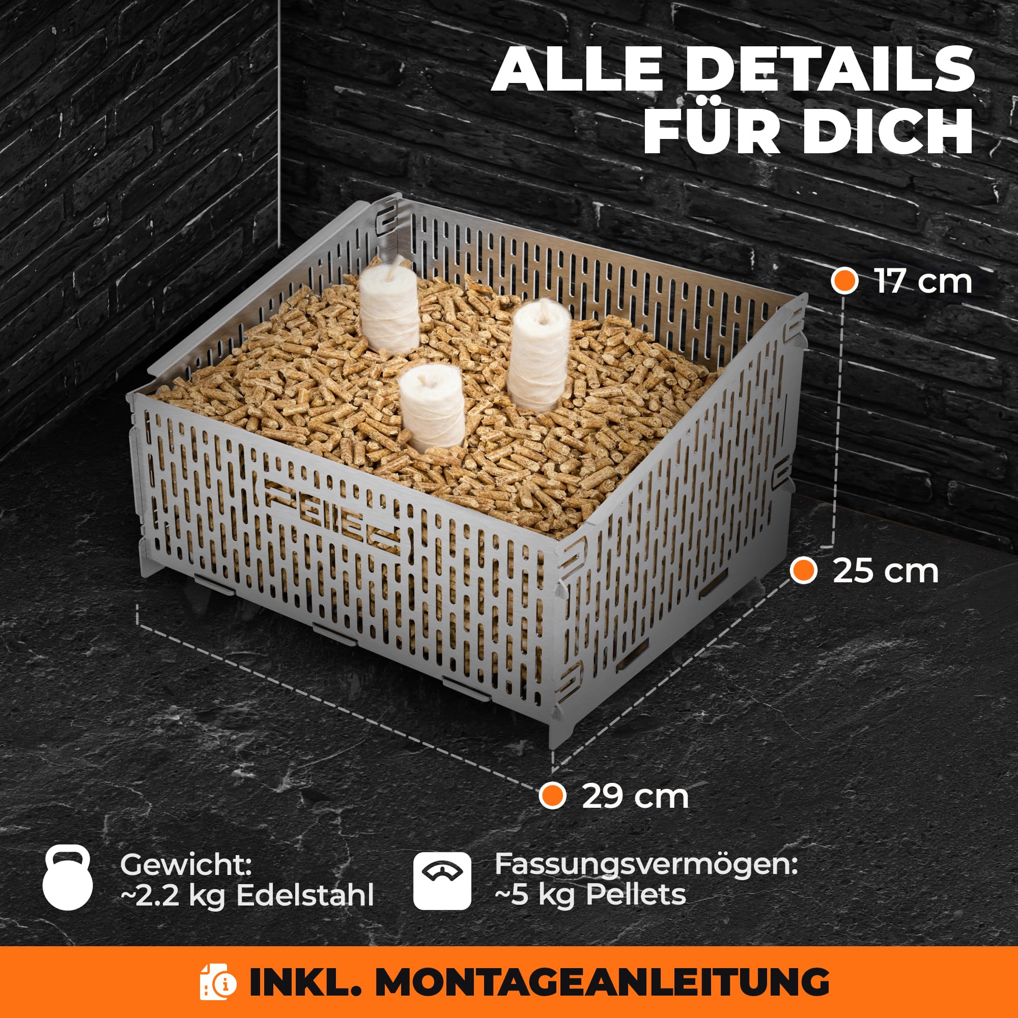 31x25x17cm hitzeresistenter Pelletkorb für Kaminofen | Edelstahl Pelletkorb | Pelletbrennkorb 30% mehr Heizleistung | Pelletkorb für Holzofen mit sauberer Verbrennung | Pelletskorb Kaminofen