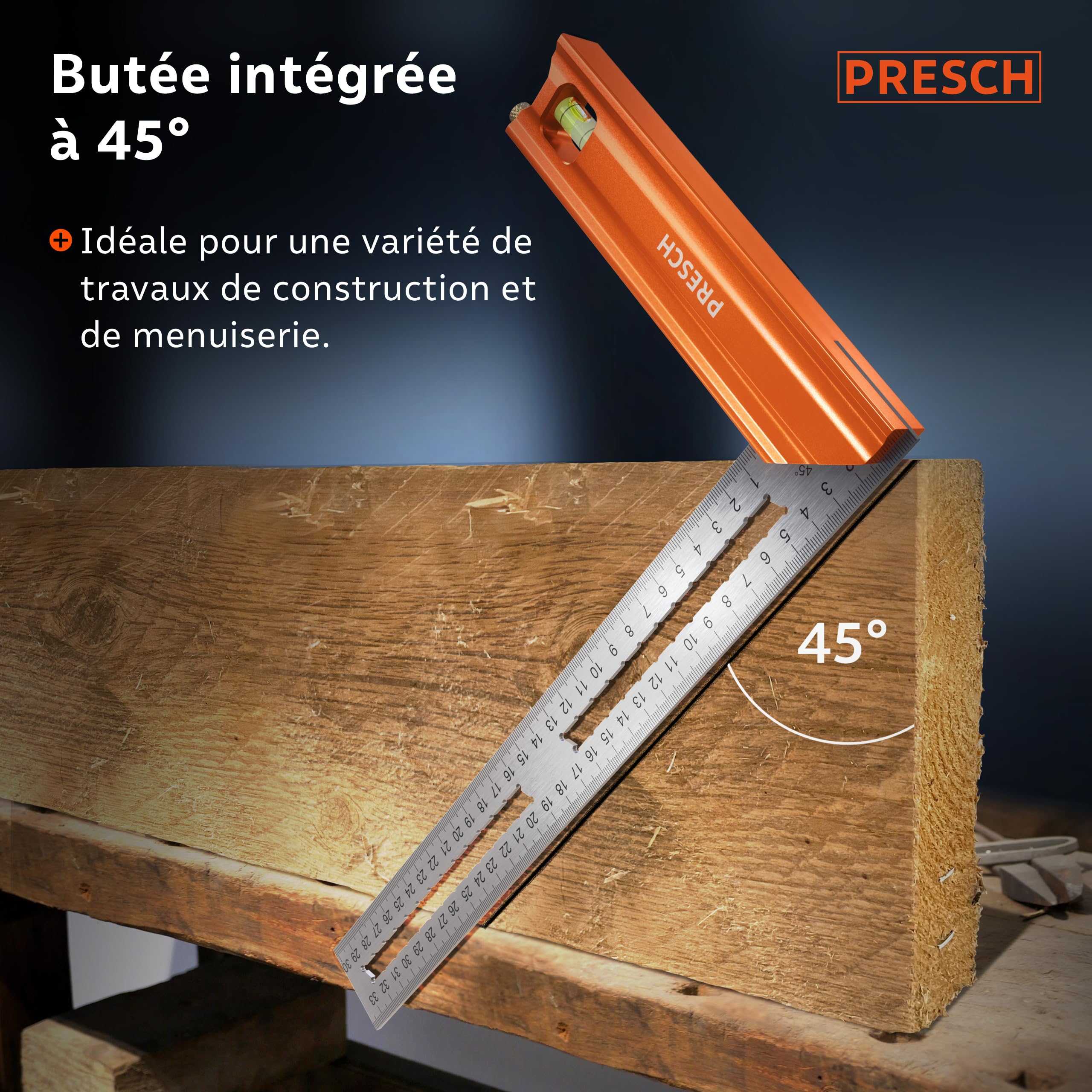 Presch Équerre de Menuisier 300mm - Moyen - Avec jauge (30cm), niveau à bulle et pointe à marquage - 90° et 45° degrés - Équerre a chapeau, Équerre de precision et charpentier