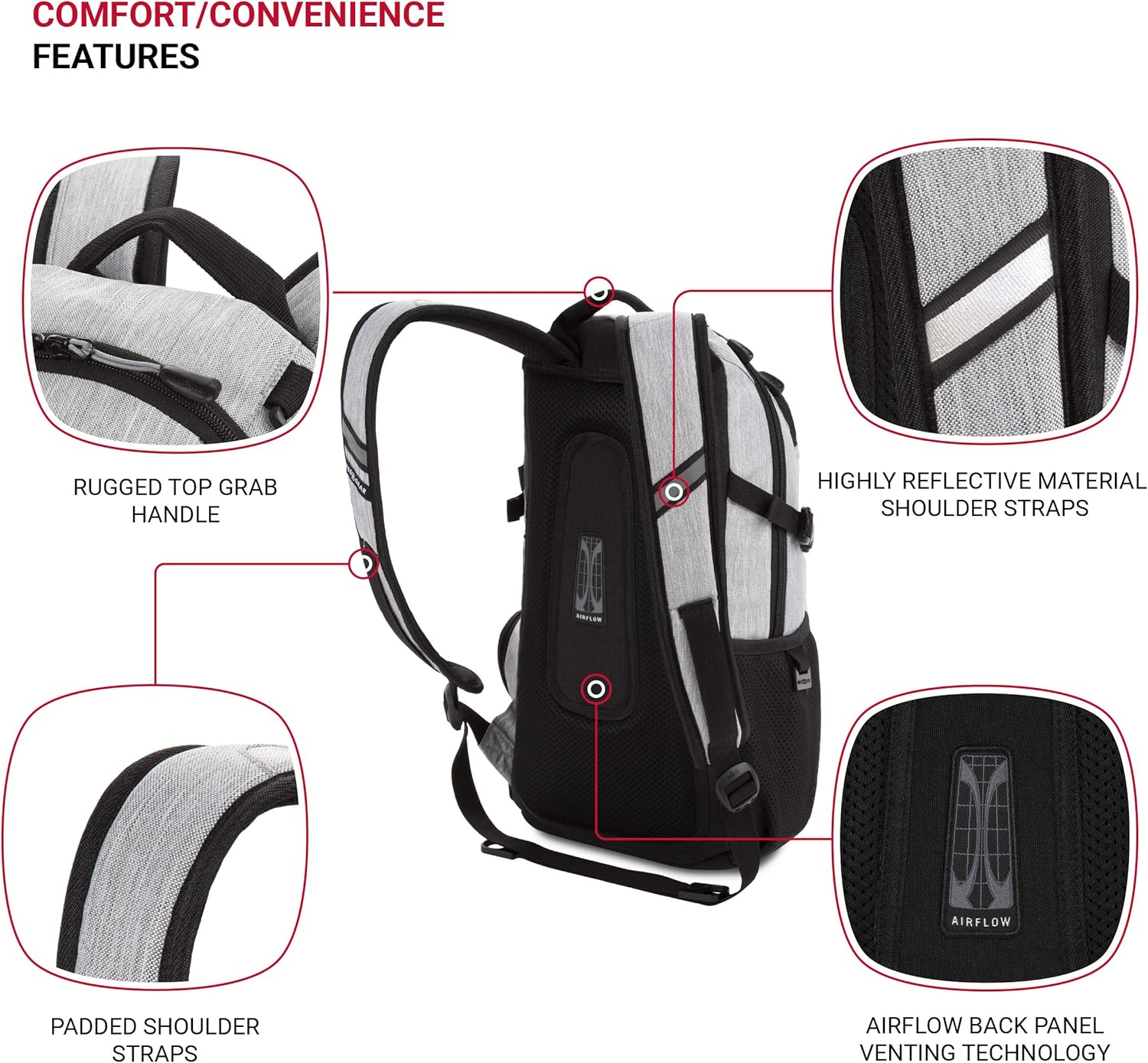 SwissGear 3598 Backpack, Narrow Daypack, Ideal for Commuting and School, Light Grey/Heather - Image 2