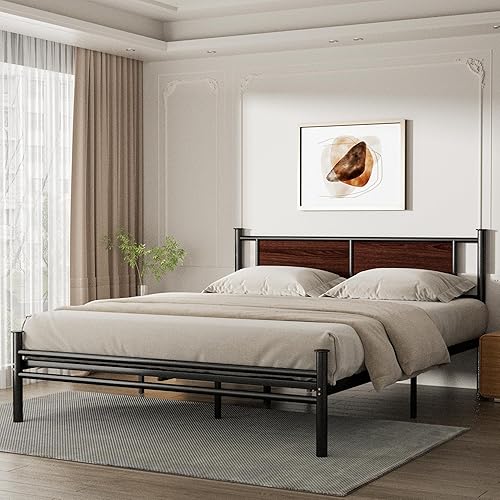 Miniatura 18 de Base de cama tamaño California King con cabecera de madera rústica, marco de plataforma de metal resistente, soporte de listones de acero
