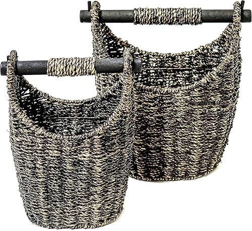 Trademark Innovations - Cestas de pasto marino de 12.2 pulgadas y 9.4 pulgadas con asas de madera, juego de 2 (marrón)