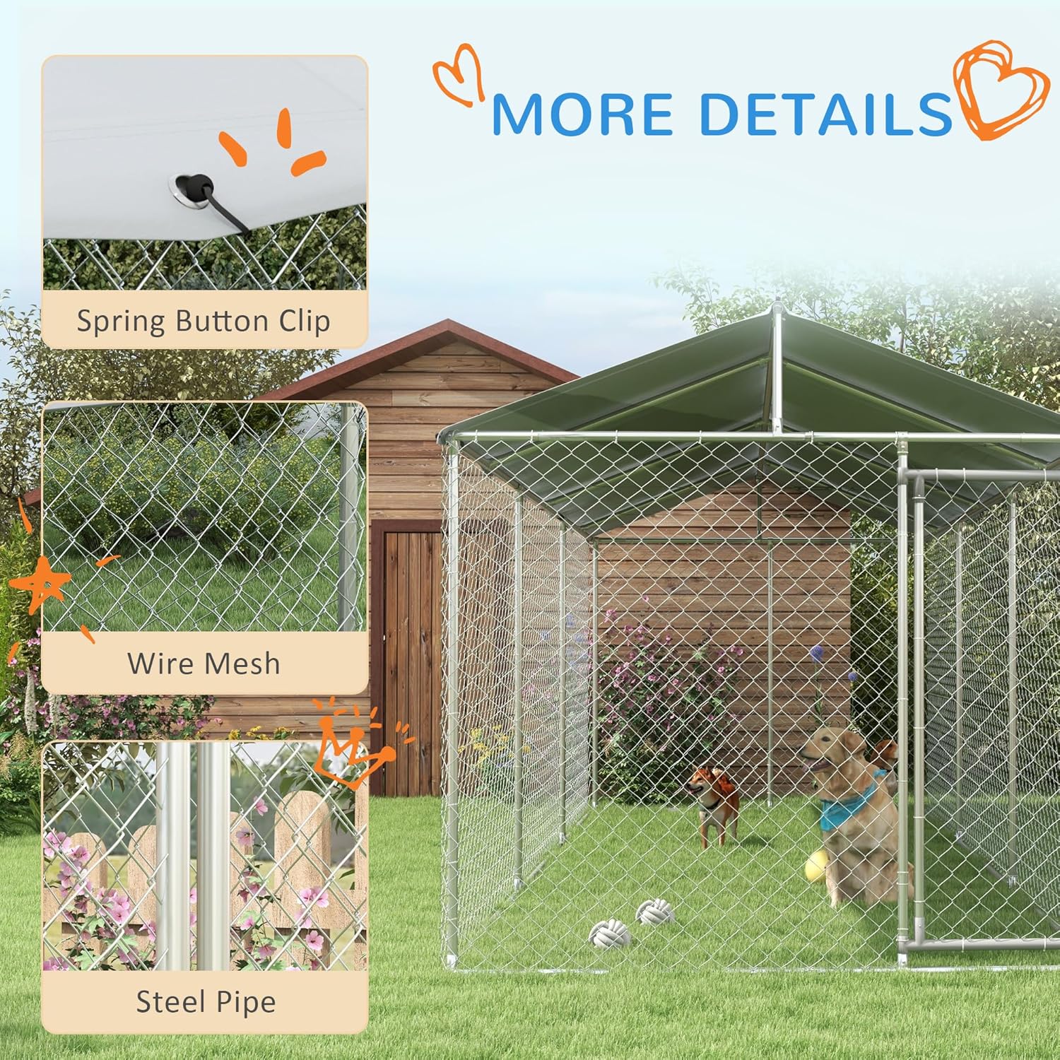 PawHut Outdoor Dog Kennel, Heavy Duty Dog Run Outdoor Fence with Waterproof Cover, Galvanized Chain Link, Secure Lock, for Large Breeds, Chickens, Ducks, 20' x 7.5' x 6.5'