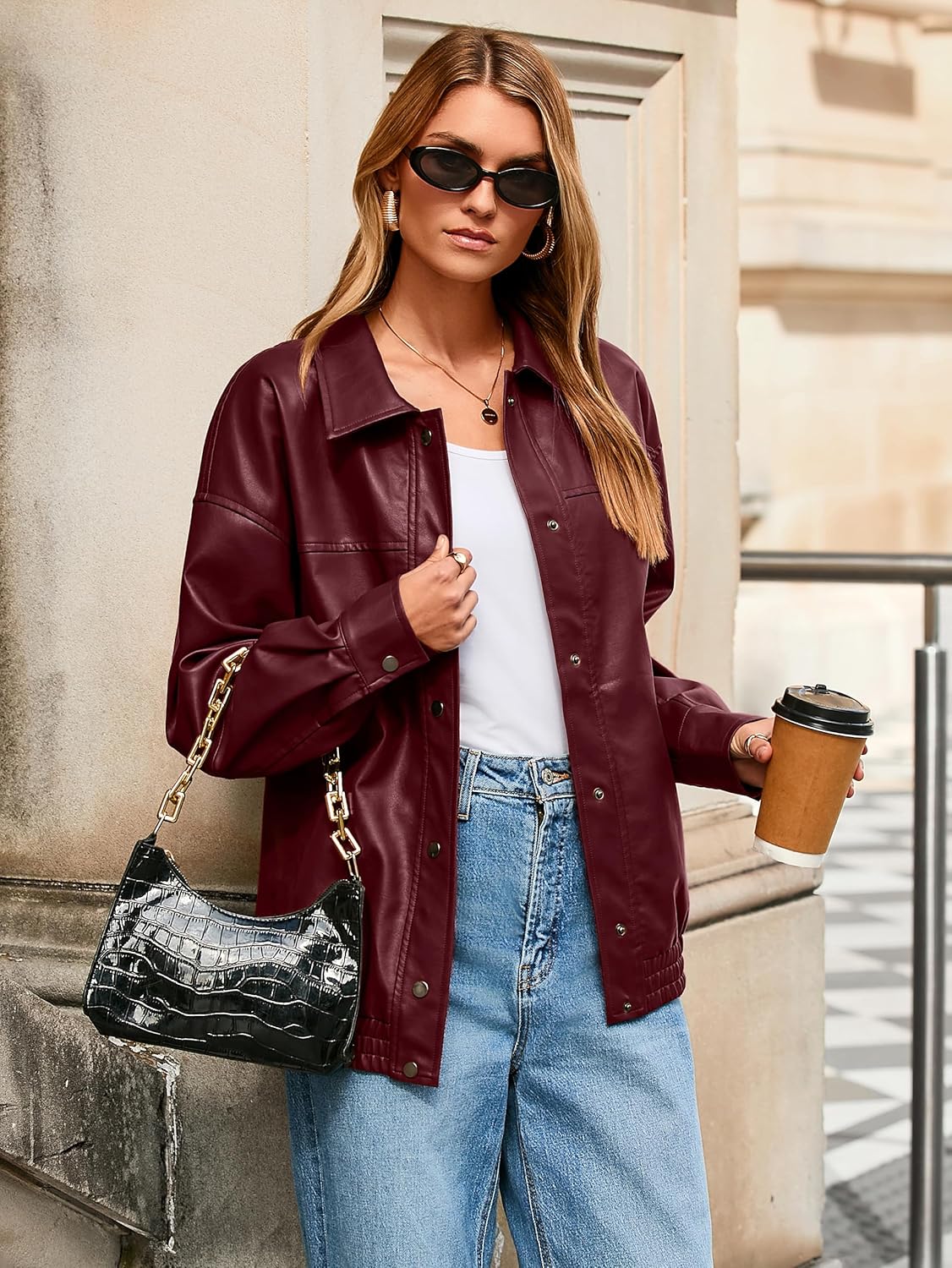 Glamaker Womens Faux Leather Jacket Trendy Outfits Loose Fit Button Down Motorcycle Bomber Jackets Fashion Fall Winter Coat - Image 2