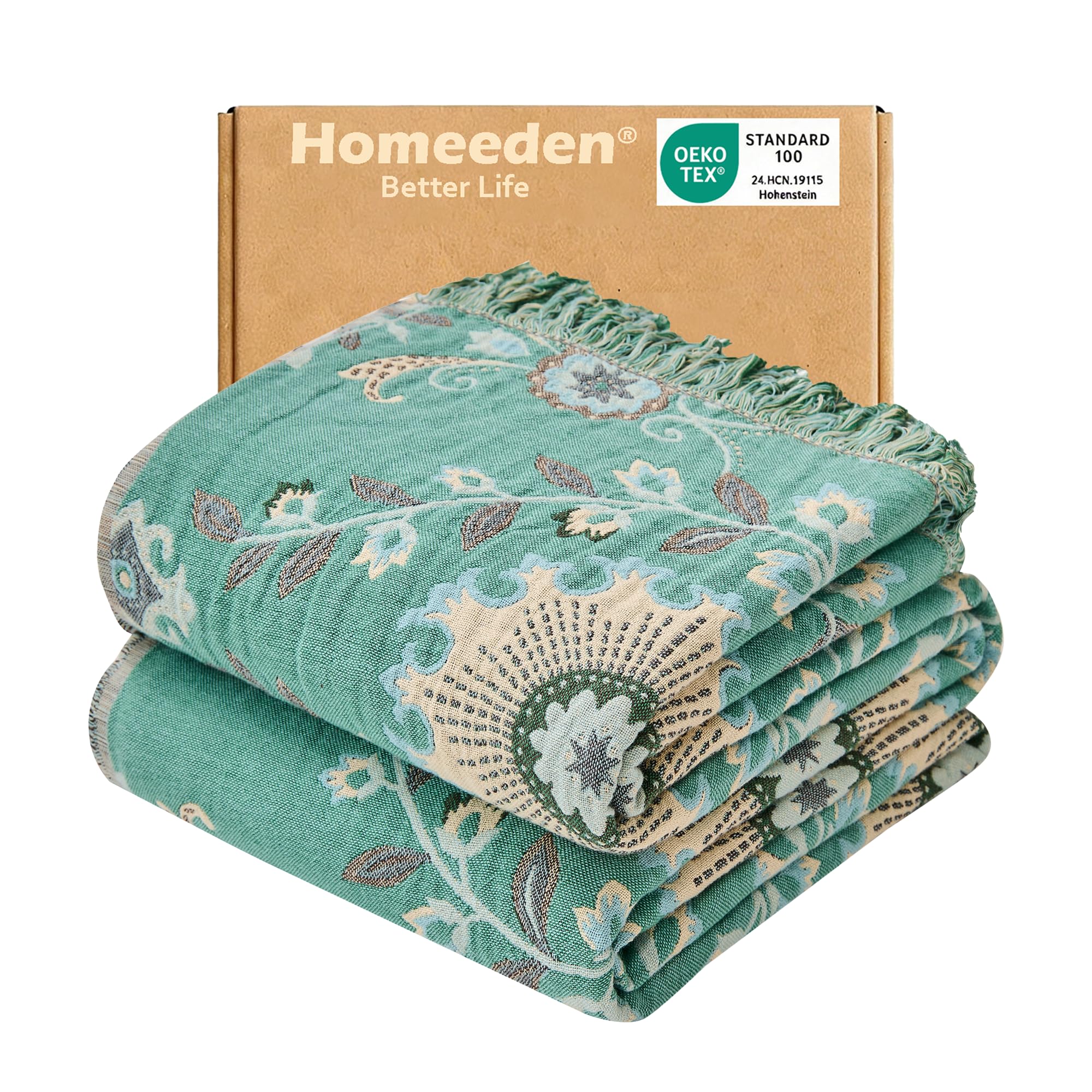 Homeeden 100% Cotton Sofa Throw Blanket, Bohemian Double-sided Large Soft Bed Blanket, Green Throw for Armchair Single 2 Seater Settees, Luxury Decorative Boho Bedspread-150x200cm — image 1