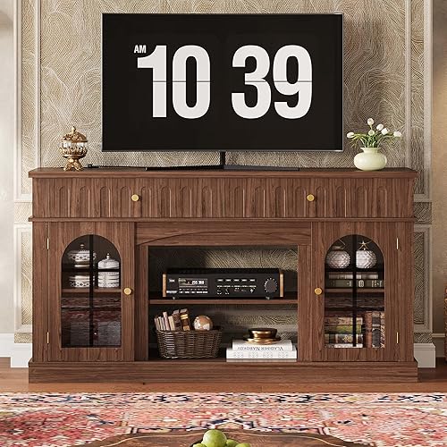 Miniatura 9 de IRONCK Soporte de TV para TV de 65 pulgadas, centro de entretenimiento con estación de carga y repisa de chimenea, diseño arqueado, soportes de TV