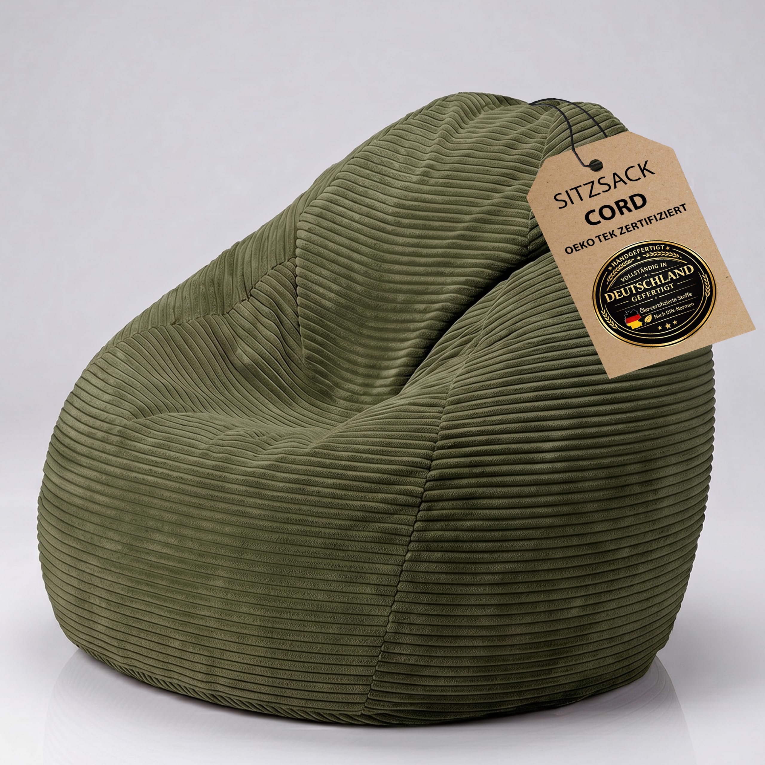BuBiBag Sitzsack Cord fertig befüllt Öko-Tex X-Large 80x105 cm Indoor Gaming Sessel Bean Bag für Jugendliche & Erwachsene Olive