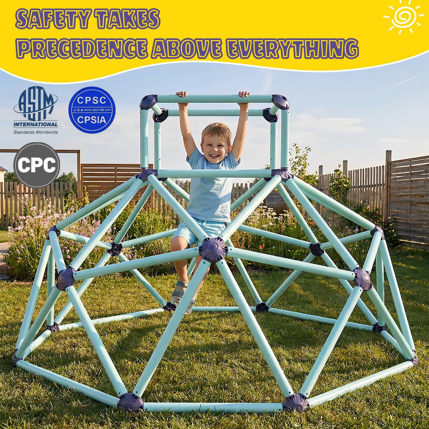 6 ft Climbing Dome with Top, Outdoor/Indoor Geometric Jungle Gym Playset, Dual Safety-Lock Playground Equipment for Kids Ages 3-8, Easy Assembly Dome Climber, Blue/Purple