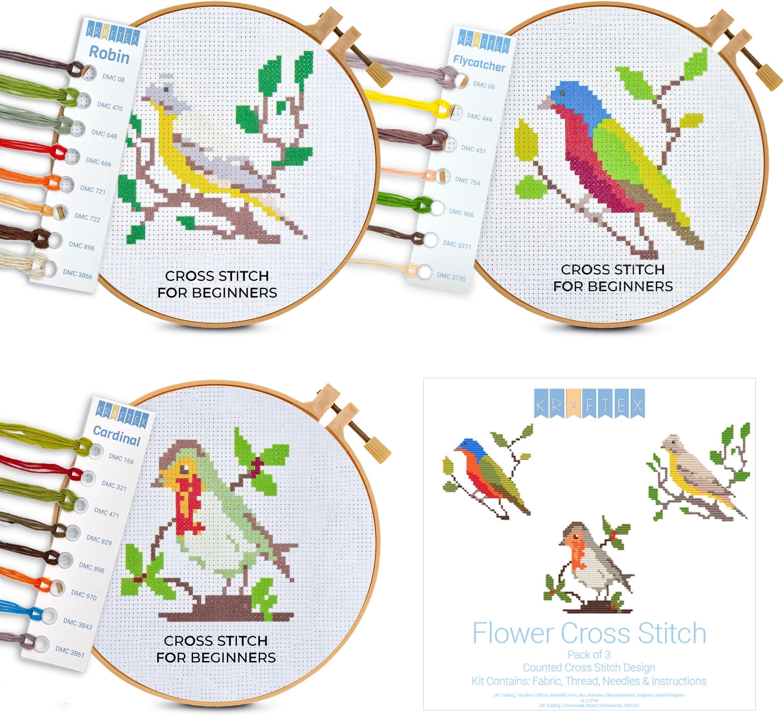 KraftexFloral Stamped Cross Stitch Kits for Beginners - 3 Pack. DIY Embroidery Needlepoint Patterns for Adults and Kids. Easy Cross Stitch Kits for Beginners (Robin, Flycatcher & Cardinal)