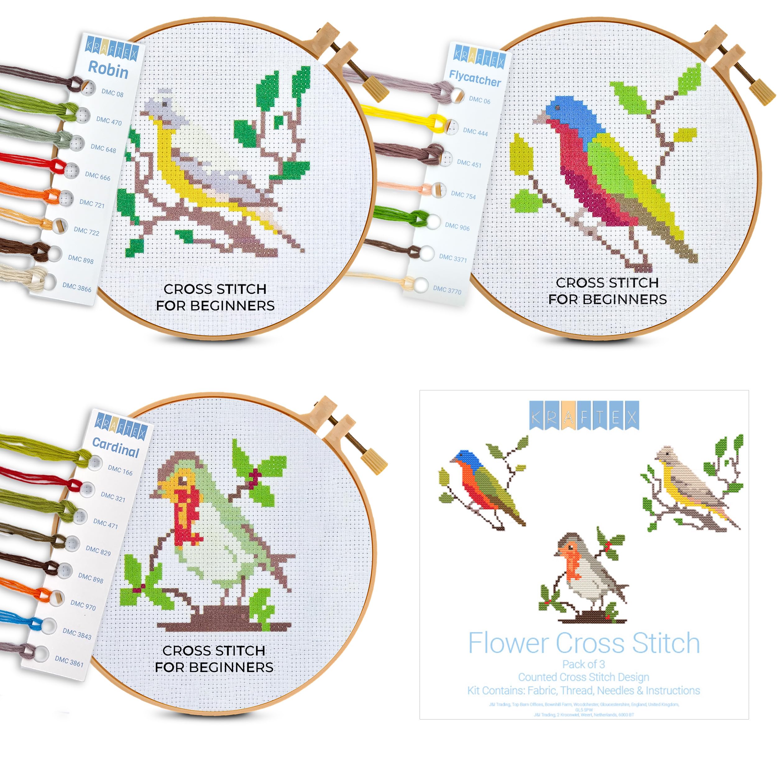 Kraftex Floral Stamped Cross Stitch Kits for Beginners - 3 Pack. DIY Embroidery Needlepoint Patterns for Adults and Kids. Easy Cross Stitch Kits for Beginners (Robin, Flycatcher & Cardinal)