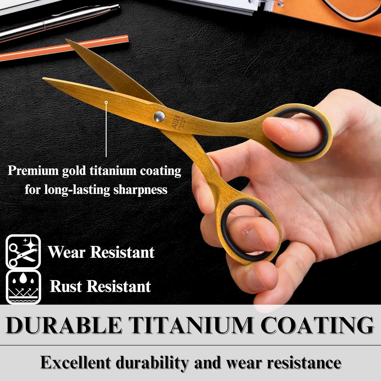 ALLEX Premium Office Scissors with Titanium-Coated Blades 6.5" - All-Purpose Scissors for Desk, Home, and School Use, All-Metal Japanese Stainless Steel Design - Gold - Made in Japan