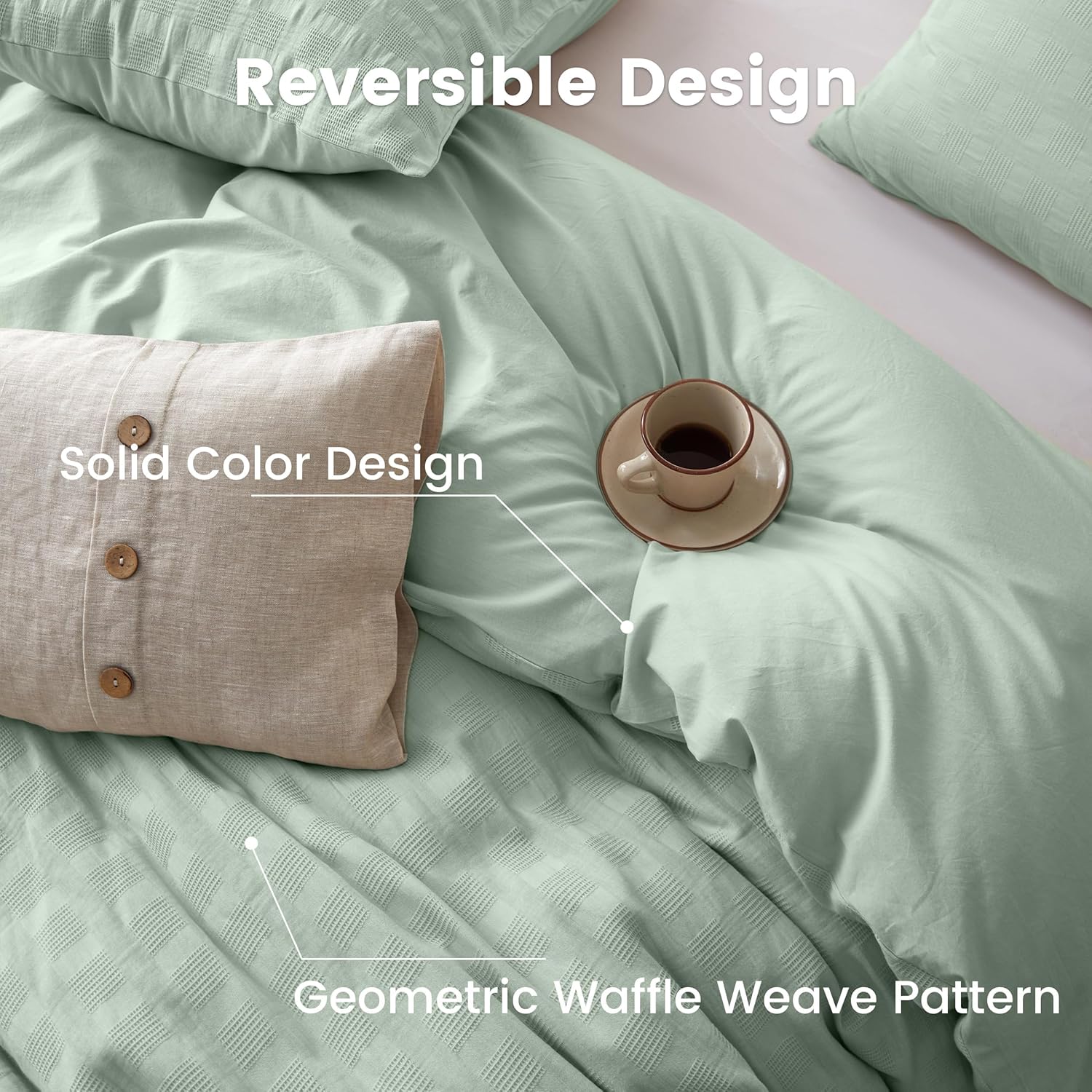 BISELINA 100% Cotton Duvet Cover Set Waffle Weave 2PCS (1 Comforter Cover, 1 Pillow Sham) Reversible Soft Skin-Friendly Breathable Shabby Chic Bedding for All Season - Mint Green, Twin Size