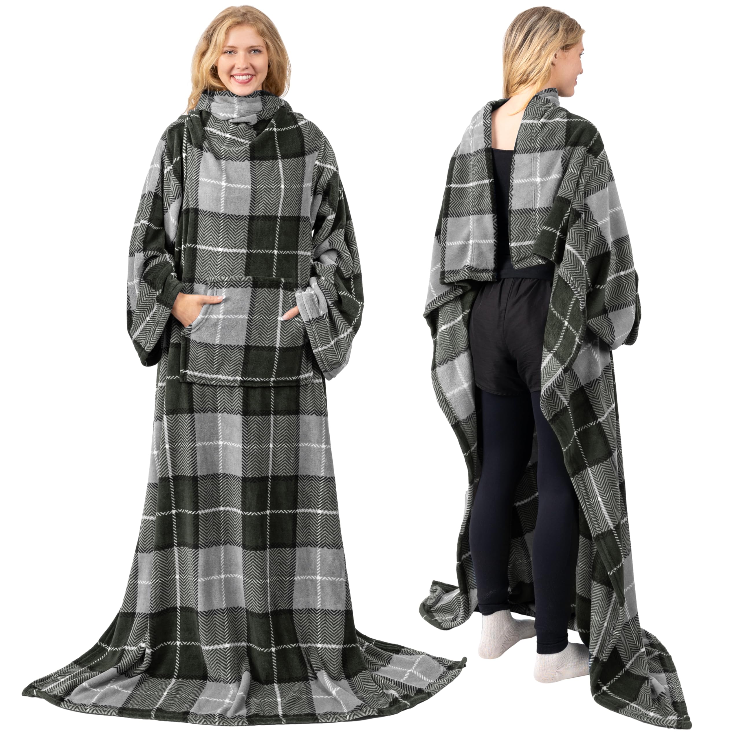 PAVILIA Premium Fleece Blanket with Sleeves for Adult, Women, Men | Warm, Cozy, Extra Soft, Microplush, Functional, Lightweight Wearable Throw (Plaid Charcoal, Kangaroo Pocket)