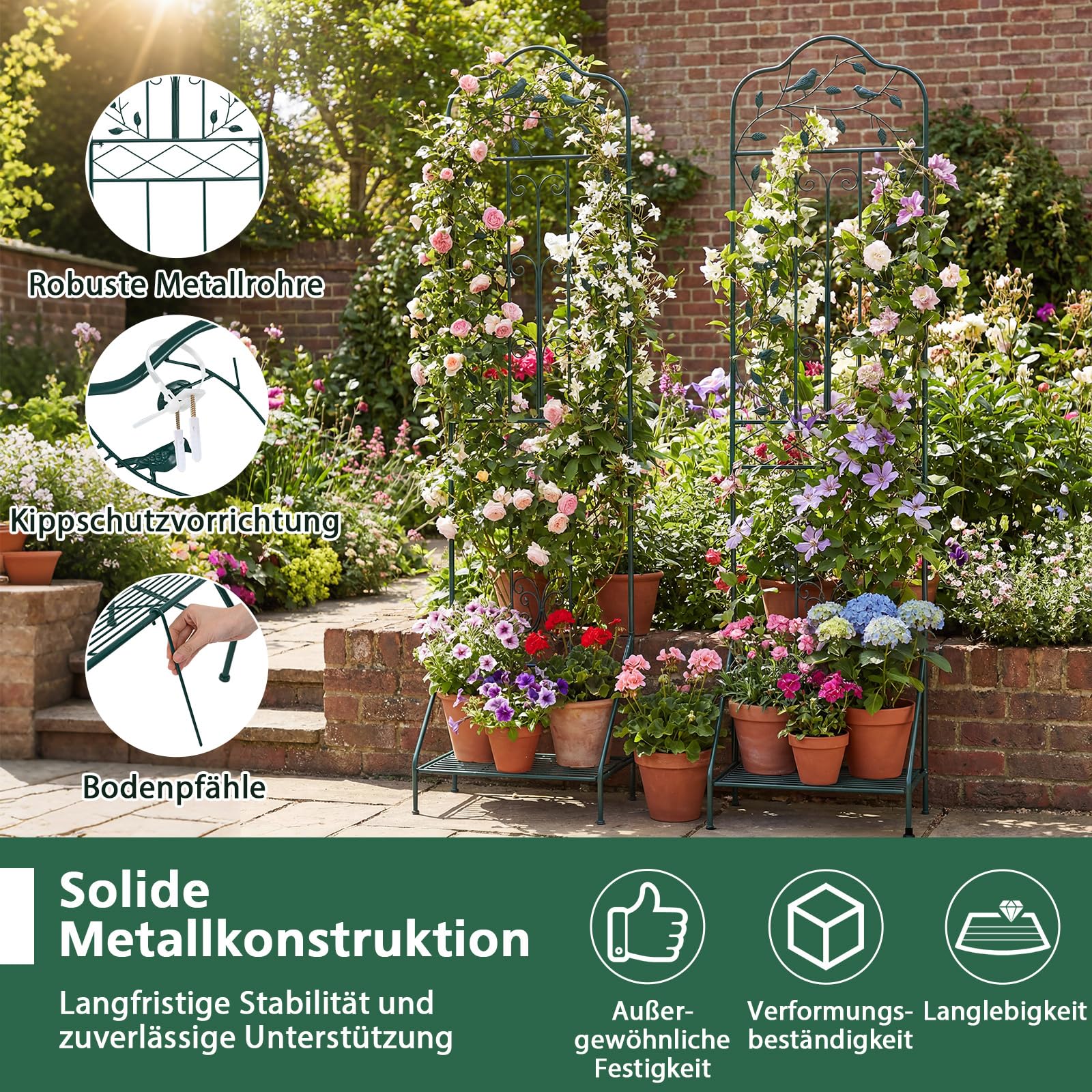 COSTWAY Rankgitter Metall, 3 in 1 dekorativer Gartenzaun & Blumenregal & Pflanzstütze, freistehende Rankhilfe mit Sockel, Spalier Garten, Rankspalier für Kletterpflanzen Blume Gemüse (Grün,1 Pack)
