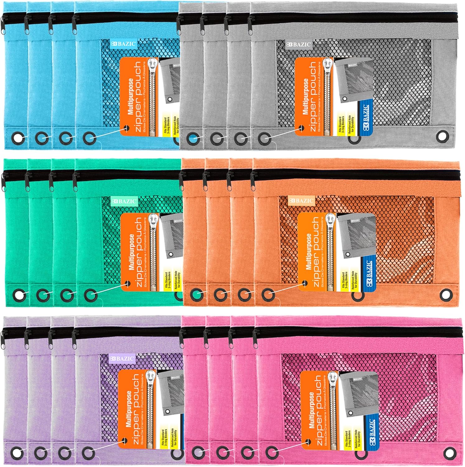 BAZIC PRODUCTS Pencil Pouch 3 Ring Binder Pouch w/Rivet Enforced Rings Holes, Pastel Color Mesh Window Zipper Pouchesr, 24-Pack