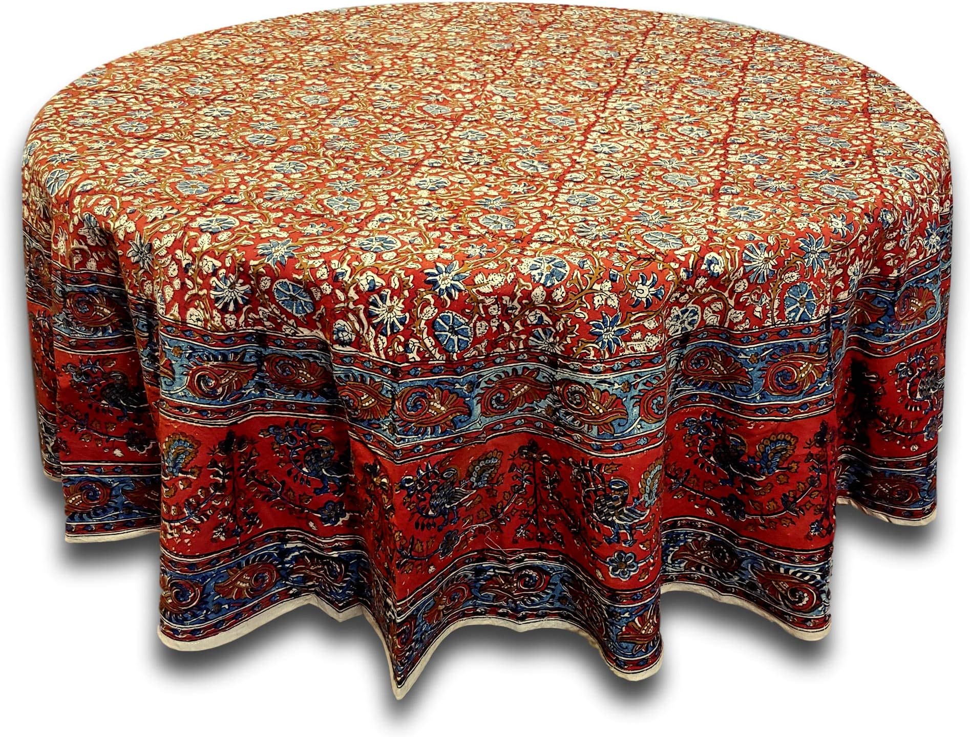 Block Print Red Round Tablecloth 72 inches for Dining and Kitchen Vegetable Dye Cotton Floral Rectangle Table Linen