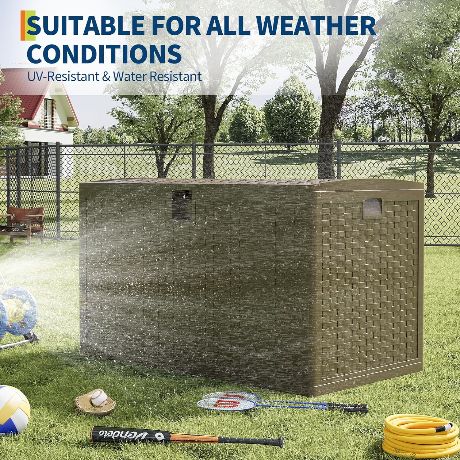 GarveeHome 120 Gallon Outdoor Storage Box – Waterproof & Lockable Deck Organizer – Large Resin Bin for Patio Furniture, Garden Tools & Pool Accessories – Sturdy Lid, Side Handles – Backyard Use, Brown