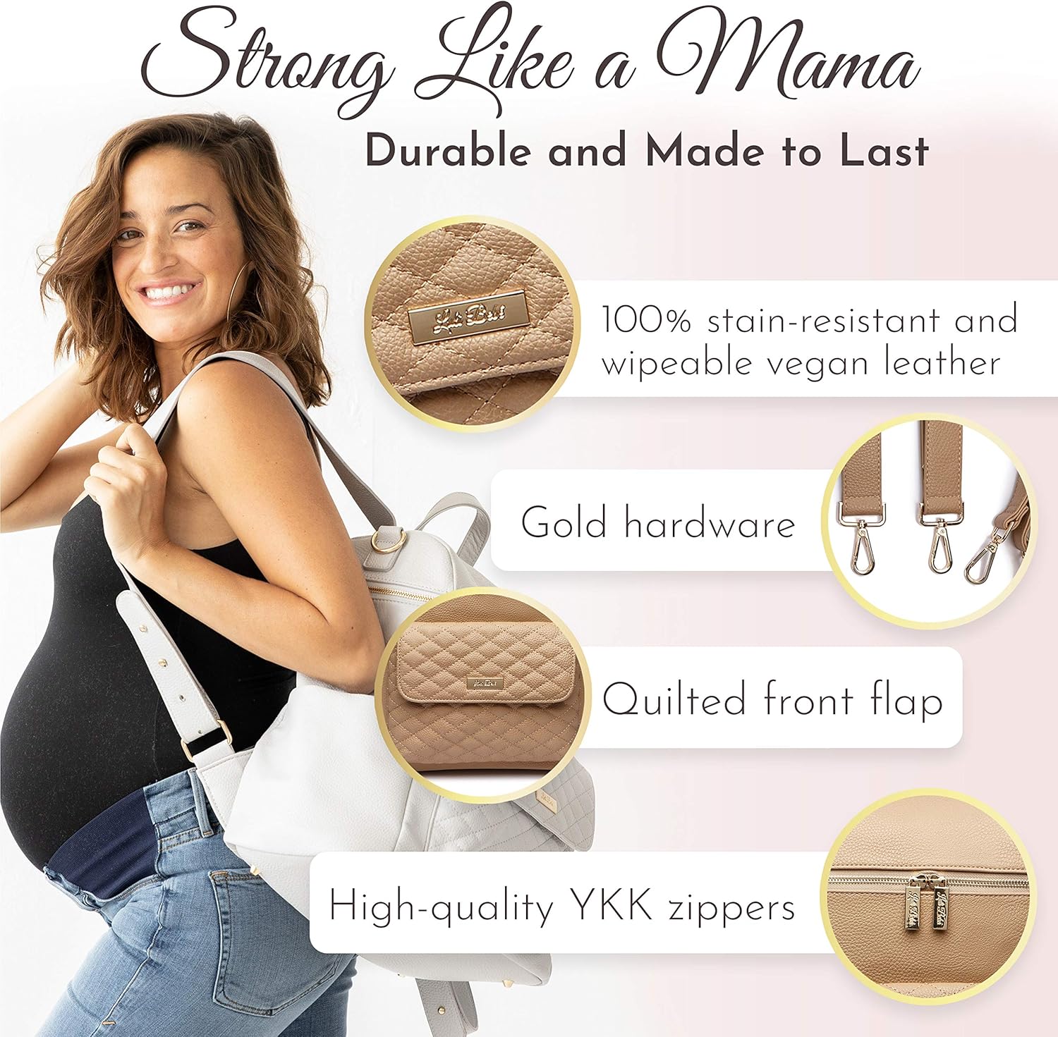 Large Diaper Bag Backpack by Luli Bebe - Designer Modern Vegan Leather Stylish Baby Backpack Diaper Bag for Mom, Multipurpose, Roomy, with Changing Pad (Latte Brown)