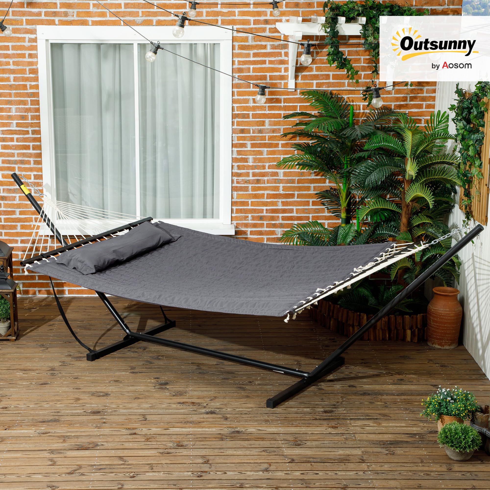 Outsunny Amaca da Giardino Portatile con Struttura, Cuscino Integrato e Corde di Sicurezza, Amaca Sospesa in Cotone, Poliestere e Acciaio, Portata Fino a 150 kg, 368x93x110 cm, Grigio Scuro