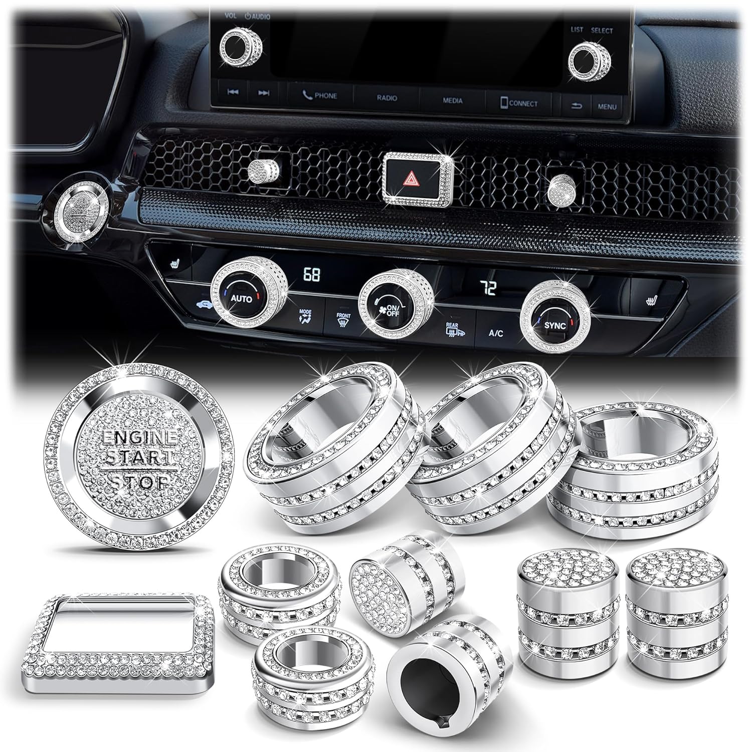 for Honda Civic 2022-2026 Accessories, CRV 2023-2026 & Acura Ingetra 2023-2025 (Fit 7" Screen/ 2 Audio Knobs), 12pcs Knob Cover Kit - Hazard Light, Push Start, Audio, AC & Air Vent (Bling)