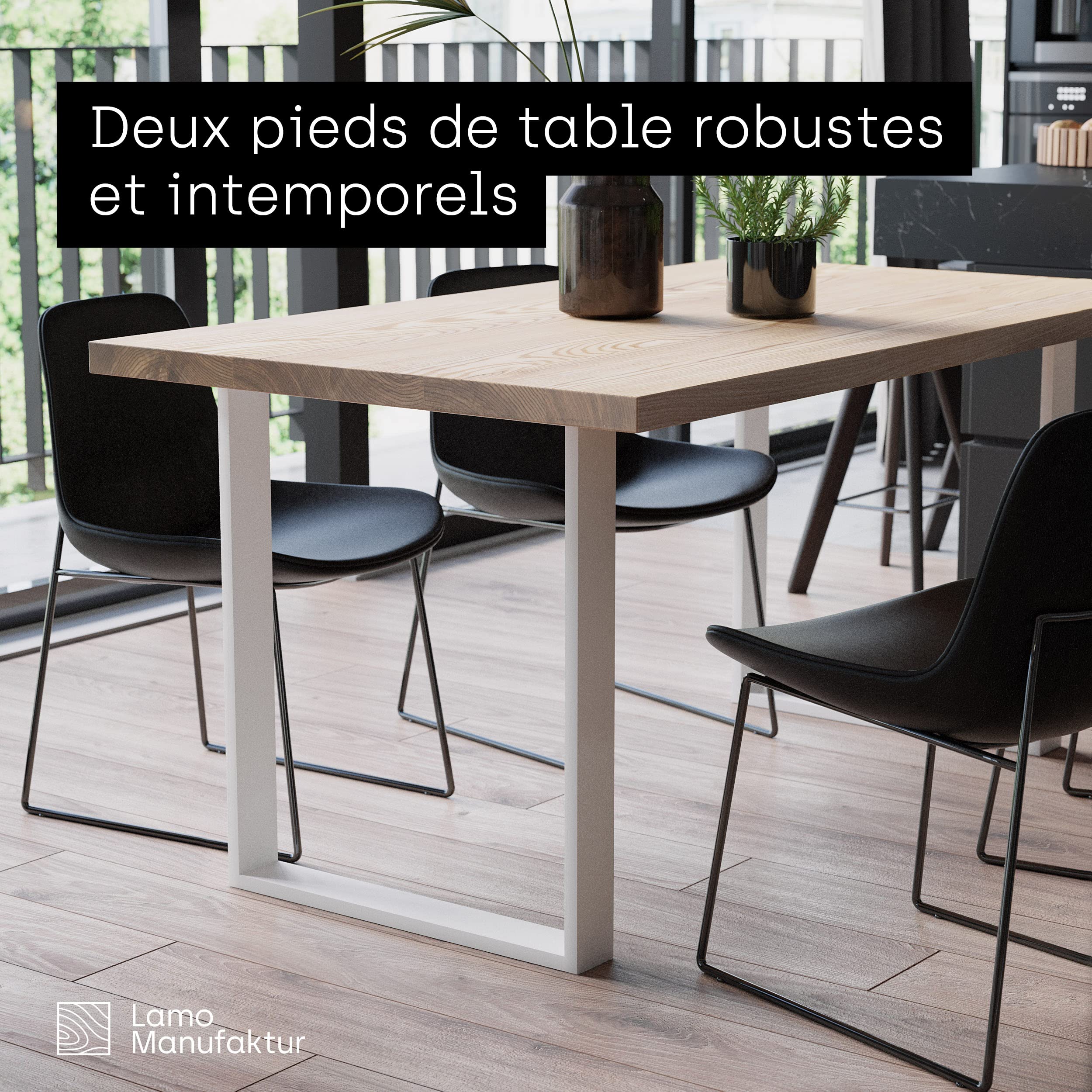LAMO Manufaktur Lot de 2 Pieds de Table à Manger ou de Bureau, modèle Simple Massive, Profil 80x20 mm, 50x72 cm (L x H), Blanc, LTS-01-C-BB-9016