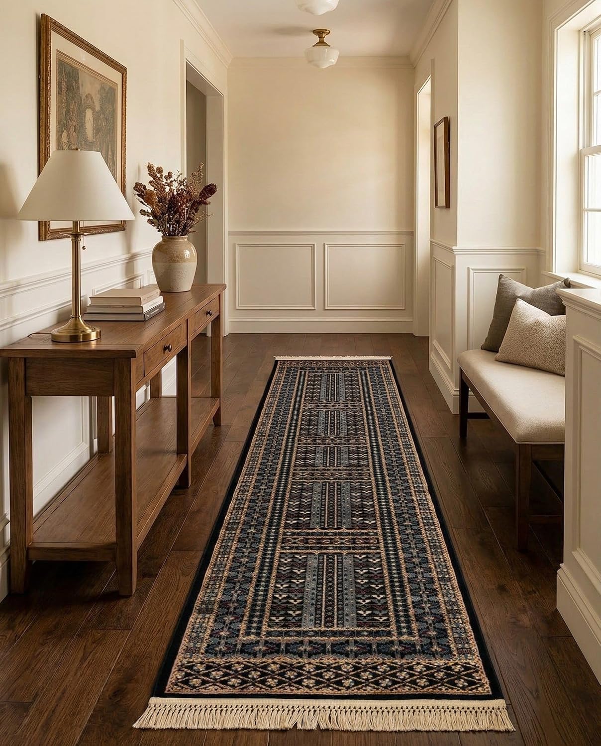 Rugs.com - Bokhara Collection Rug – 12 Ft Runner Black Easy-Clean Runner Rug for Hallways, Entryways, and High-Traffic Areas
