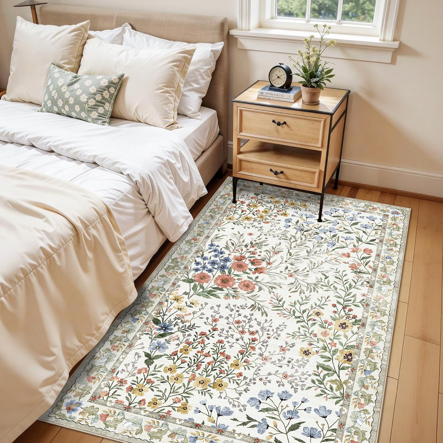 3x5 Washable Entryway Area Rug: Non Slip Floral Washable Entry Rug Living Room Area Rug for Indoor Floor Kitchen Bedroom - Soft Thin Door Mat Carpet Boho Vintage Home Decor (3x5, Beige)