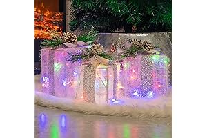 FUNPENY 3 Light Up Christmas Tinsel Gift Boxes, 60 LED Outdoor Xmas Present Decoratives