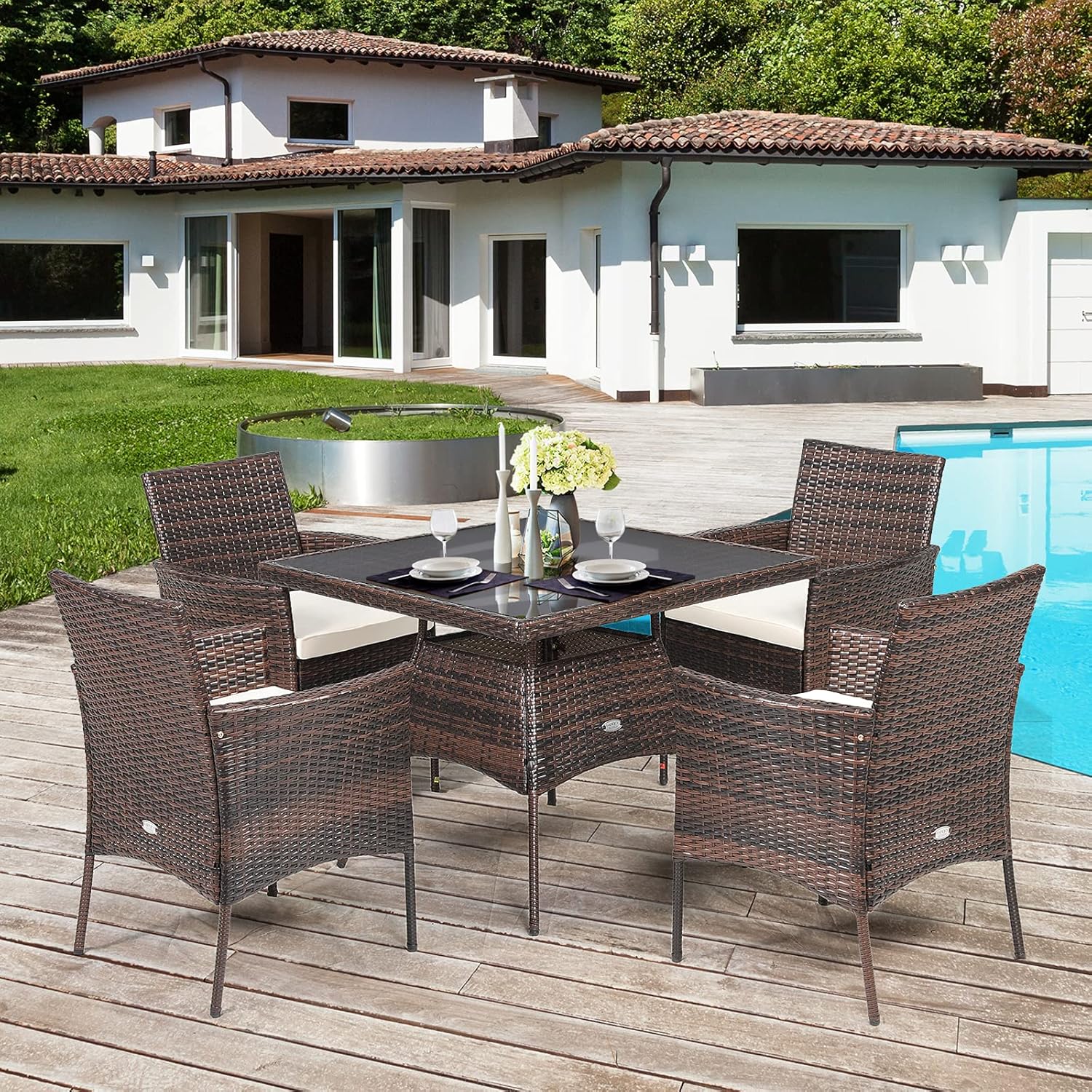 Tangkula 5 Pieces Wicker Patio Dining Set, Outdoor PE Rattan Chairs Table Set with 4 Seat Cushions, Patio Dining Furniture with Tempered Glass Tabletop, Suitable for Porch, Yard