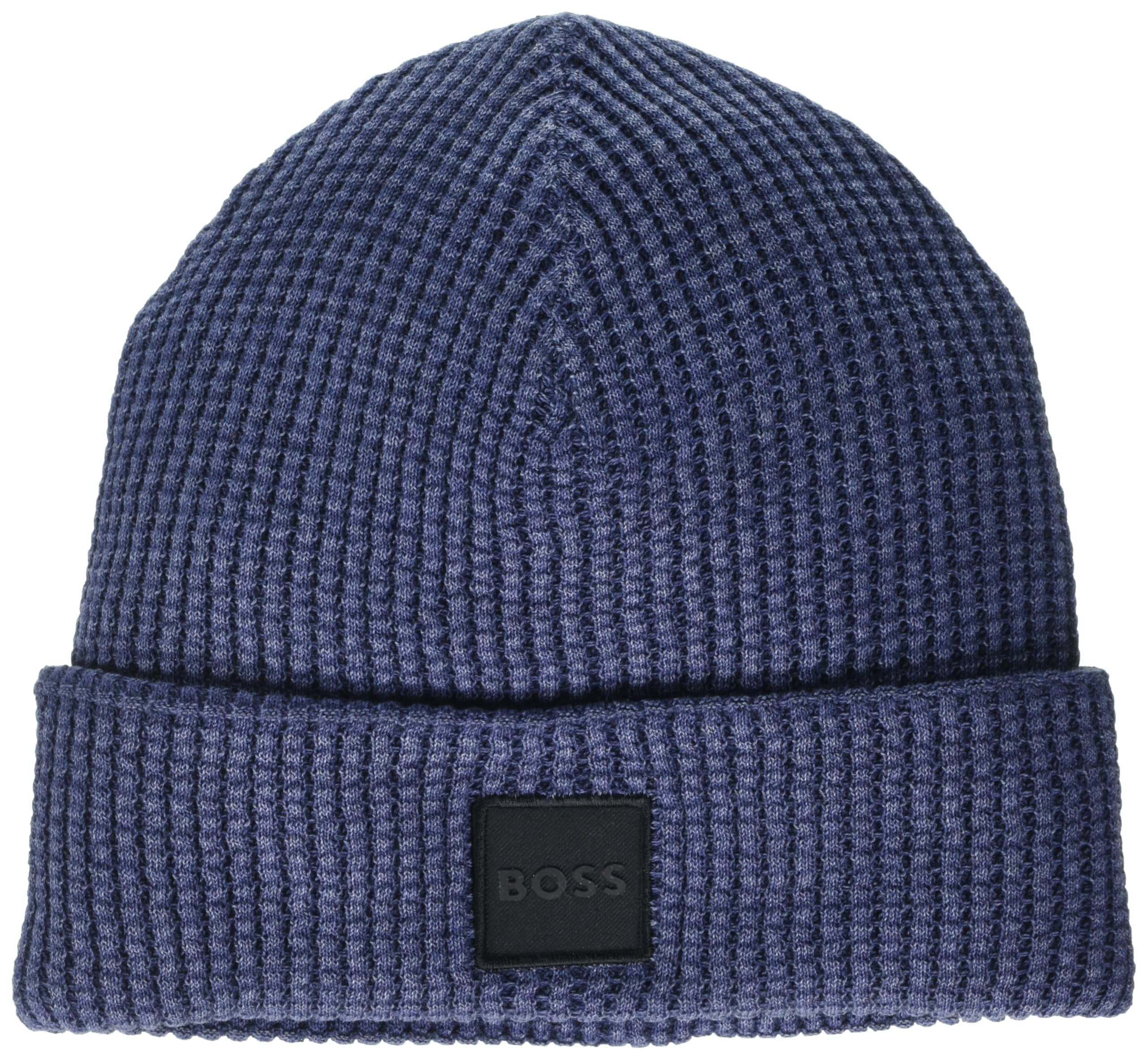 BOSS Square Logo Cotton Ribbed Beanie Czapka męska, Czarna niebieska jagoda, rozmiar uniwersalny