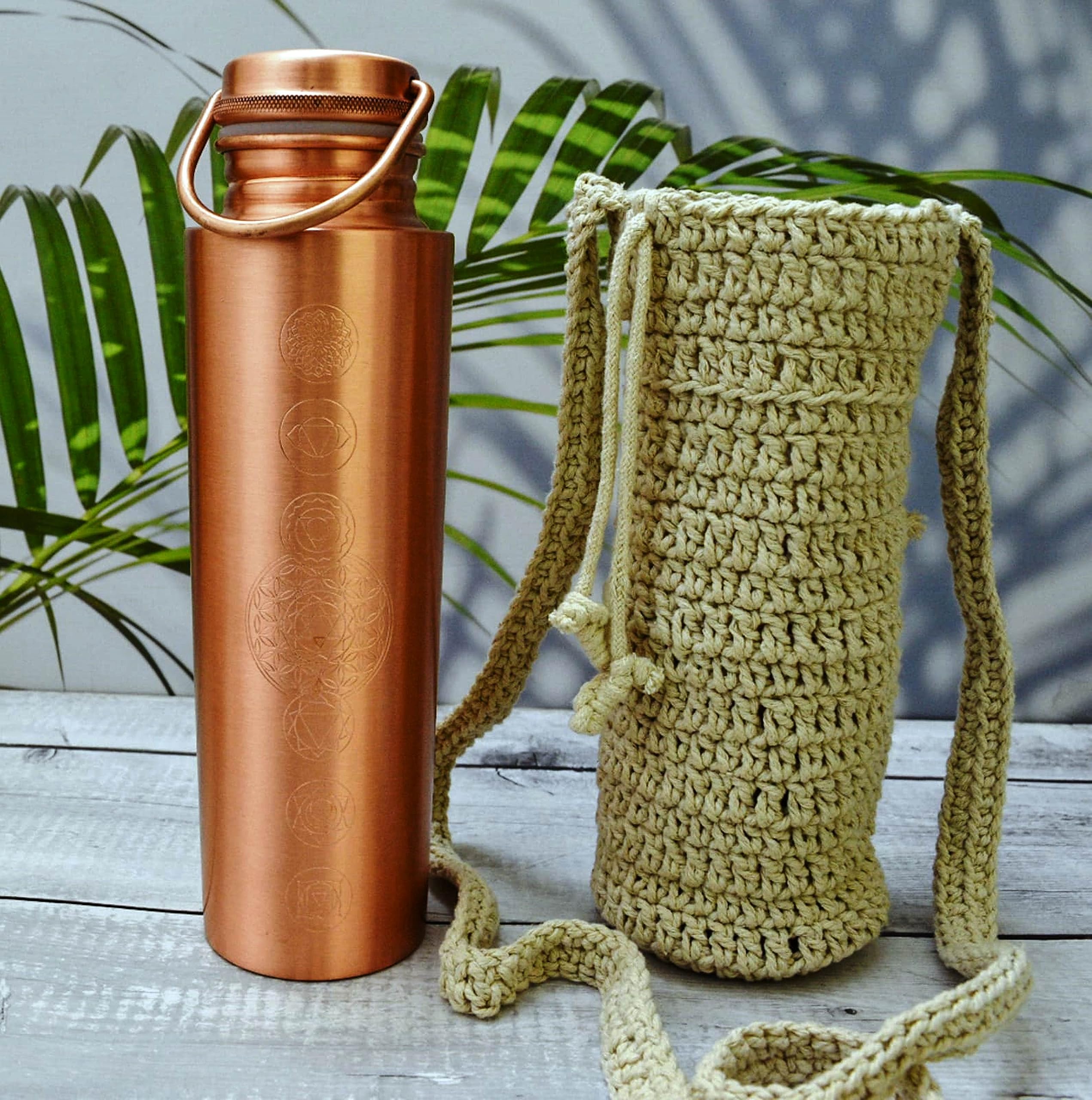 India HousePure Copper Water Bottles | Seamless Leakproof Copper Bottle | Perfect Ayurvedic Copper Bottle (matte seven chakra bottle+ bag)