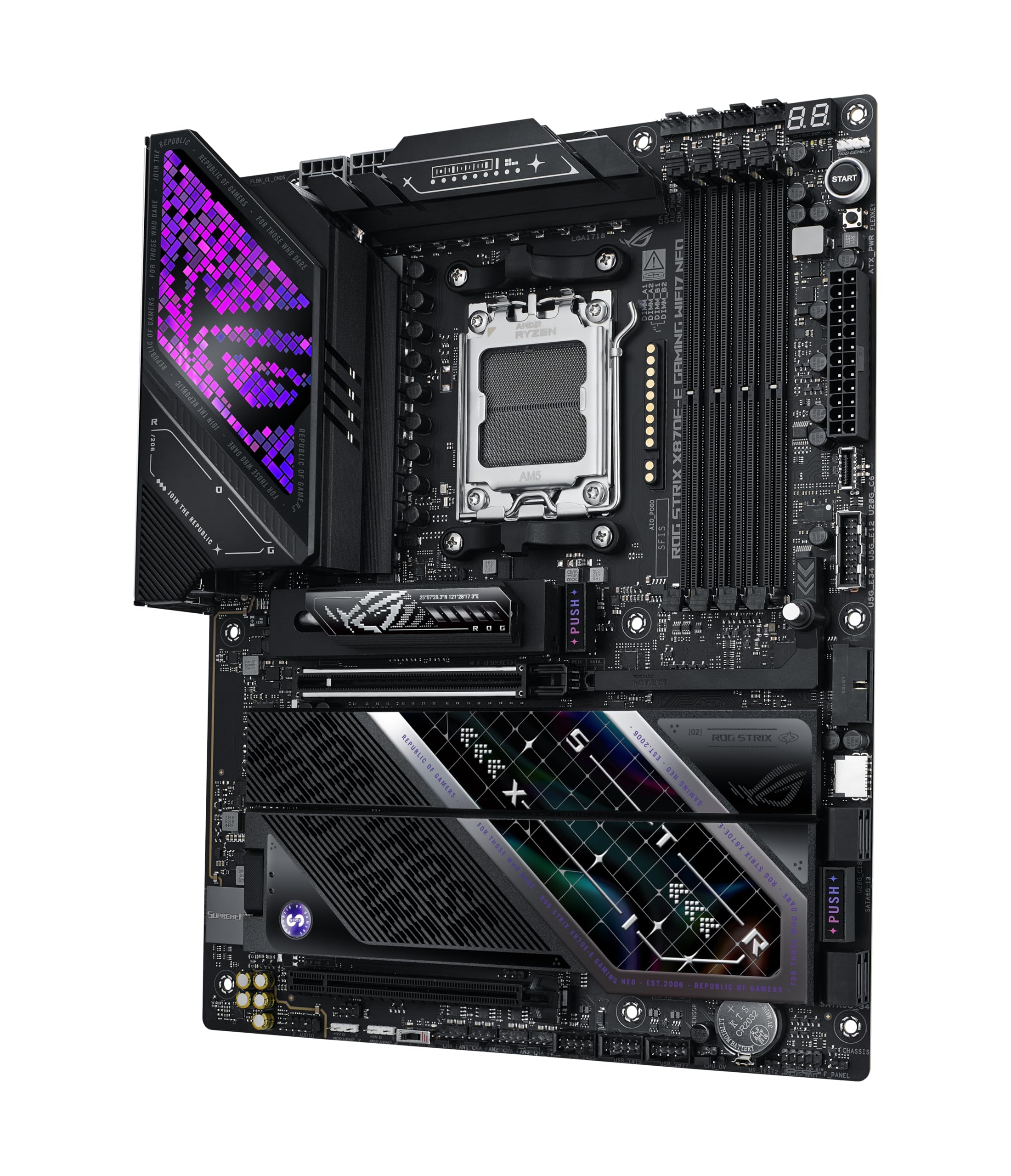 ASUS ROG Strix X870E-E Gaming WIFI7 NEO, placa base AMD ATX, 18+2+2 etapas de potencia, ranuras DDR5, cinco ranuras M.2, PCIe® 5.0 con soporte completo para GPU de próxima generación, Wi-Fi 7, USB 4