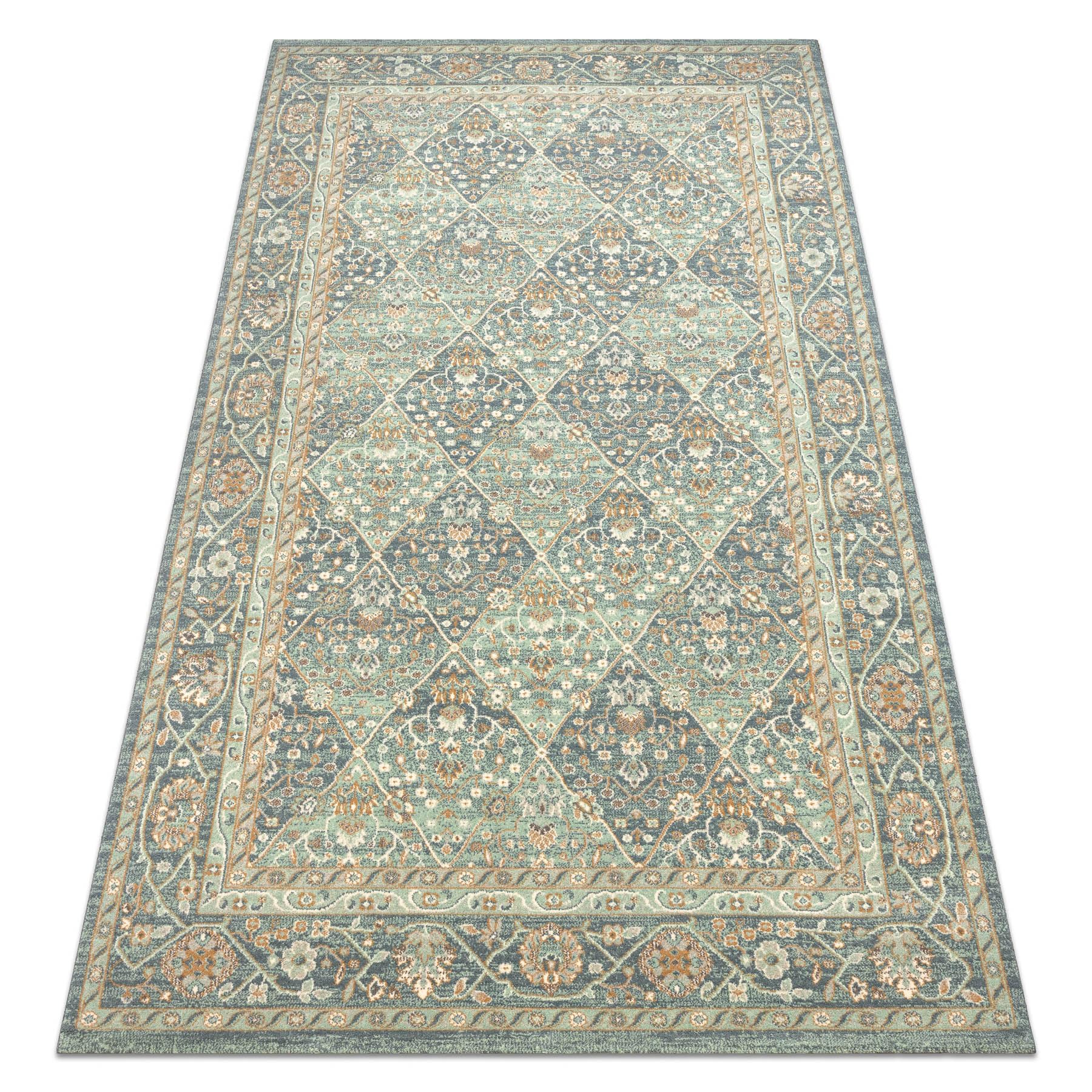 Tapis en laine pour habiller un couloir ou une chambre, style losange vert bleu