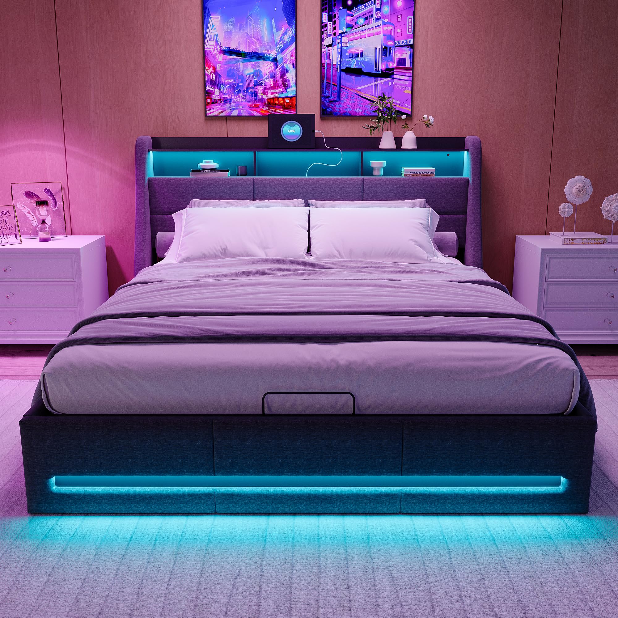 Cama con arcón 160x200 con LED,Cama tapizada,Cama Acolchada LED Almacenamiento hidráulica con Puerto USB, Camas Acolchadas con arcón,Camas Dobles con Almacenamiento,Cama Funcional Juvenil(Gris+Lin-1)