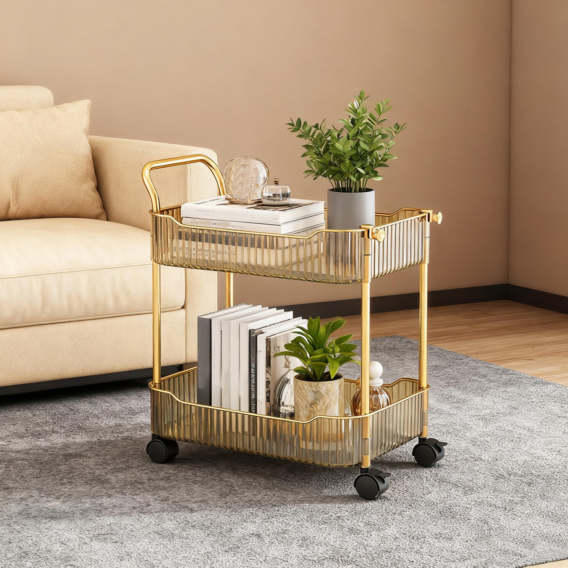 Gold Beauty Trolley on Wheels Acrylic Storage Cart for Bathroom Salon