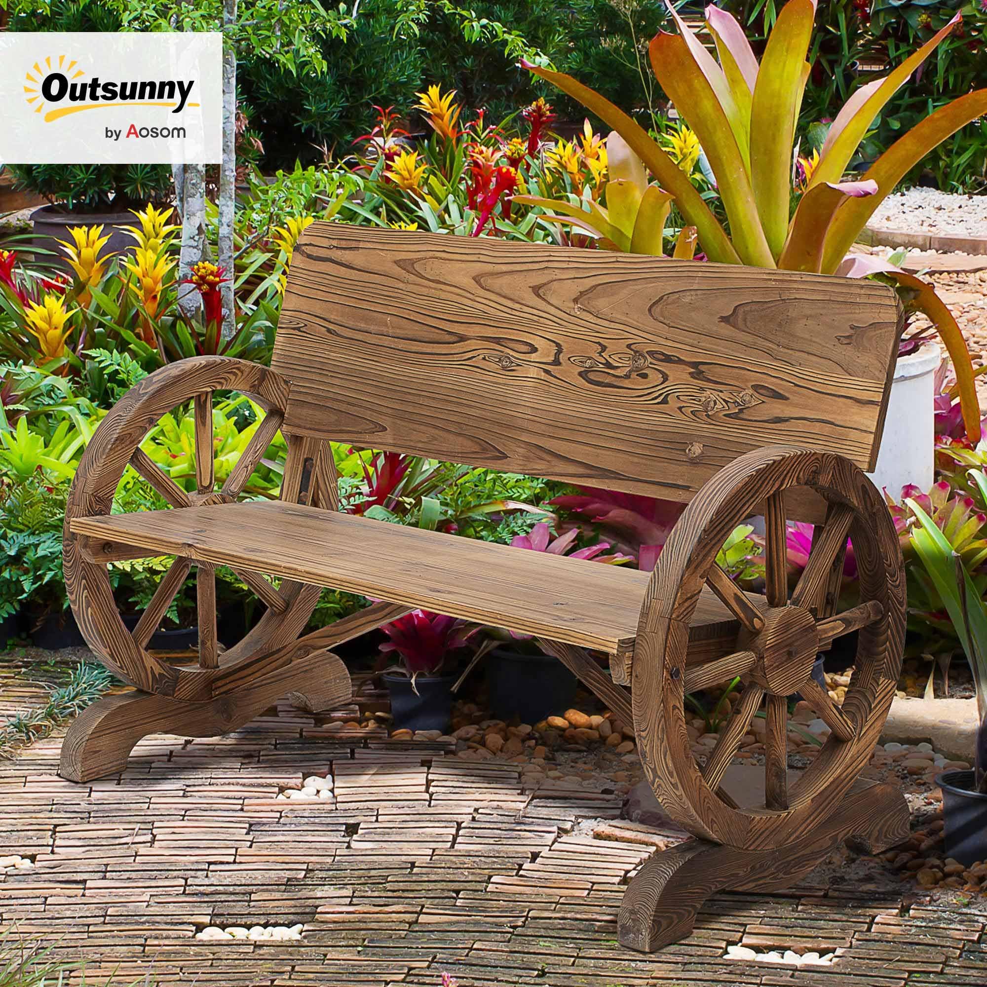 Outsunny 2-Sitzer Gartenbank Massivholz mit Armlehne, Sitzbank mit Wagenräder-Design, Gartenmöbel 250kg belastbar, Rustikale Bank, 114 x 58 x 80 cm, Braun
