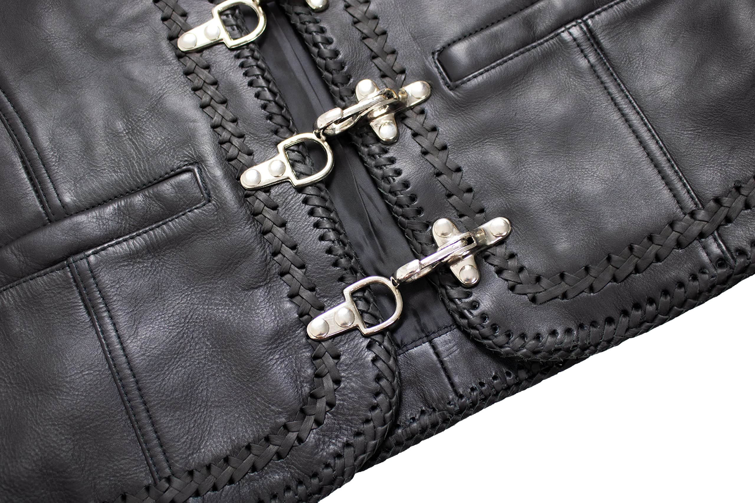 MDM Gilet Uomo in Vera Pelle Nera con Fibbie Cromate – Gilet Moto Biker Club Style in Pelle Bovino 1,2 mm, Laterali Regolabili e Cuciture Intrecciate