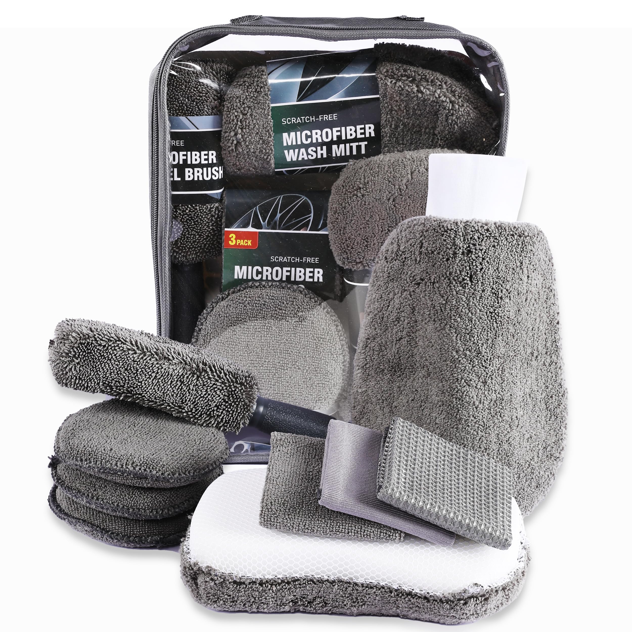AmoocaCar Cleaning Tools Kit Car Detailing Set Tire Brush Polishing Towel Cloth Wash Sponge Microfiber Cleaning Mitt Towels Kit