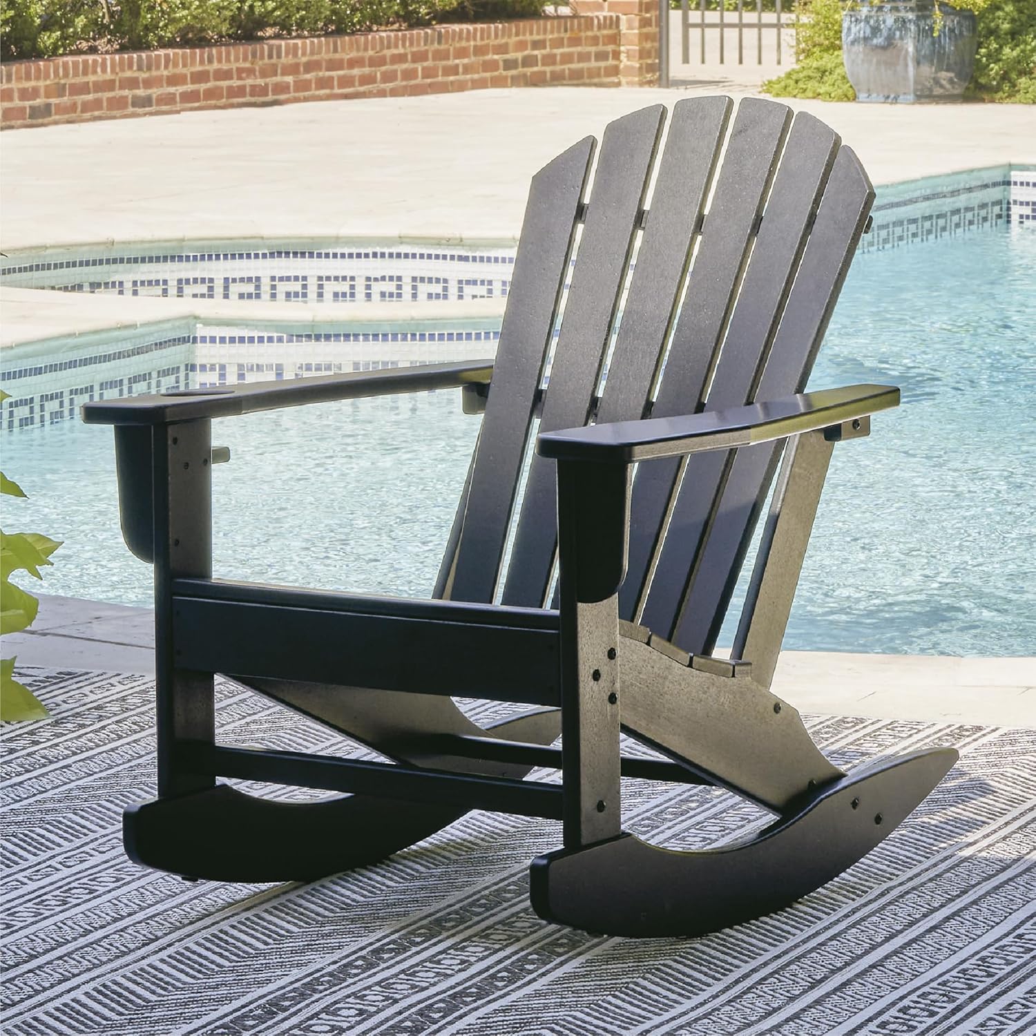 Signature Design by Ashley Sundown Treasure Cottage Weather Resistant Indoor/Outdoor Rocking Chair with 1 Cup Holder, Black