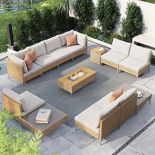 Miniatura 21 de Grand patio Juego de muebles de mimbre de patio de 3 piezas, juego seccional de sofá de conversación para exteriores estilo boho con cojines gruesos