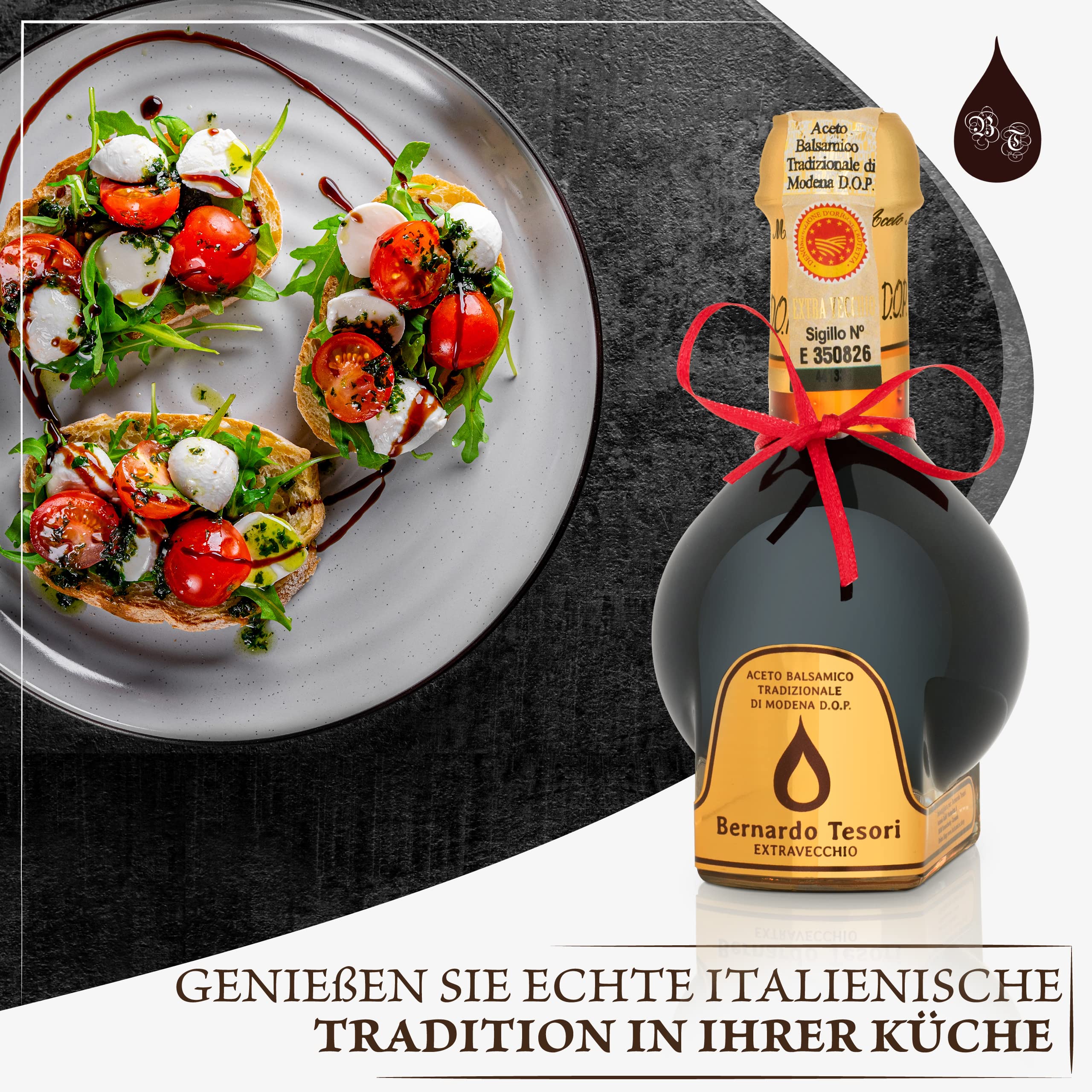 Aceto Balsamico Tradizionale di Modena ExtraVecchio D.O.P. - Bernardo Tesori Gold - traditioneller, extra alter Balsamico-Essig aus Italien, 25 Jahre+ im Holzfass gereift - mit Holzbox + Ausgießer