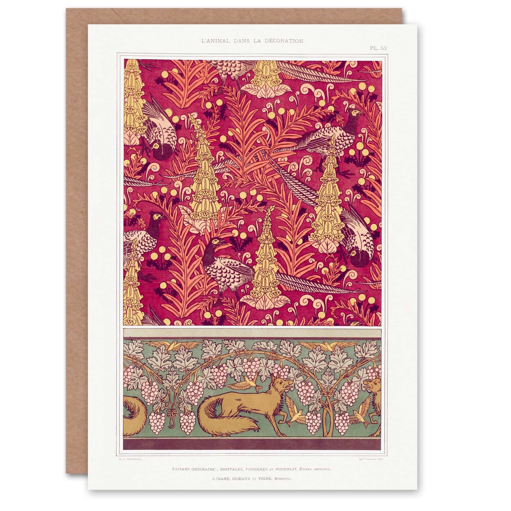 Maurice Pillard Verneuil Art Card Flowers Pheasants and Foxes Patterns