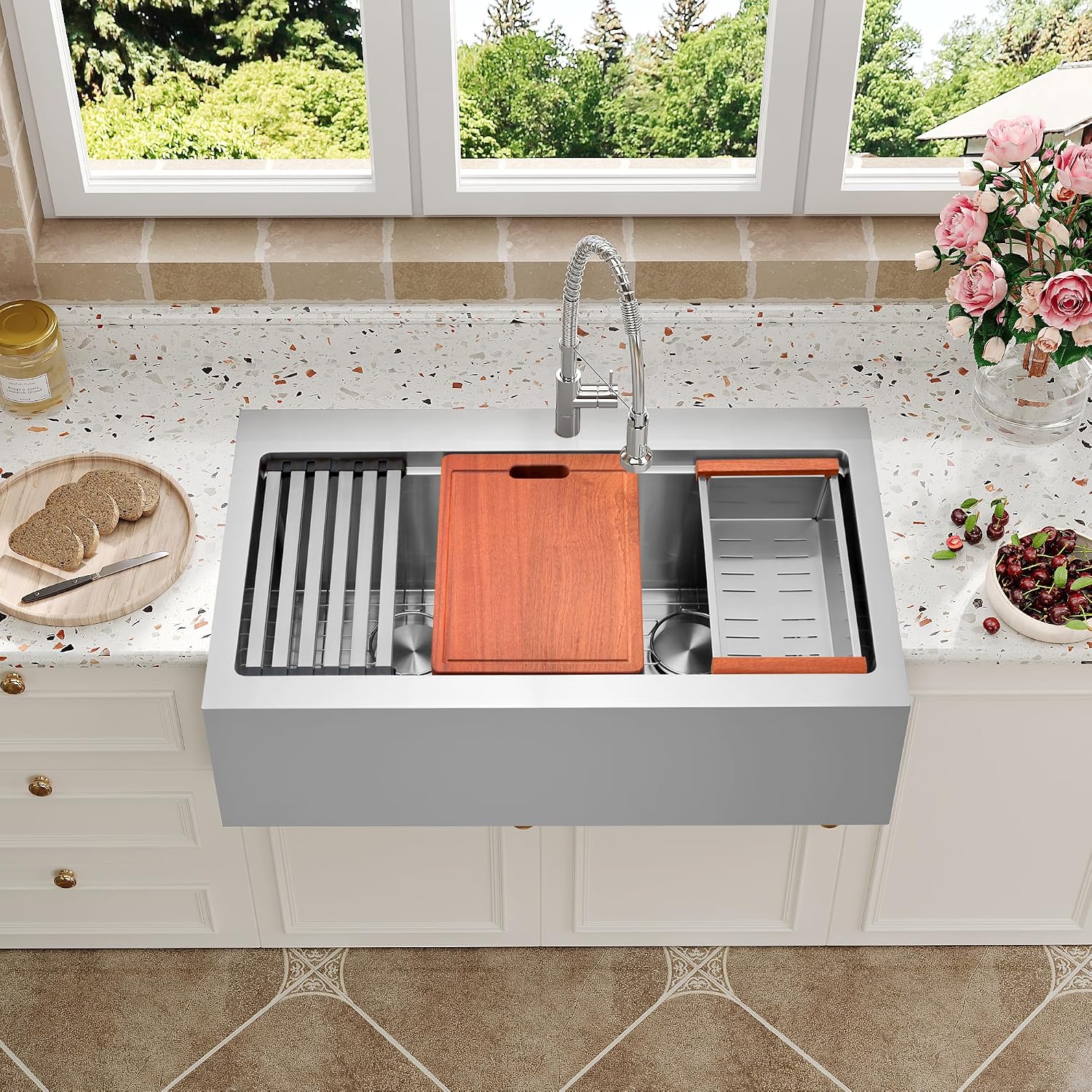 Farmhouse Kitchen Sink 33 x 22 Drop In, 50/50 Double Bowl Farm Sinks, 16 Gauge Stainless Steel Workstation Sink with Ledge & Accessories, 33" x 22" x 10" Large and Deep Double Sink