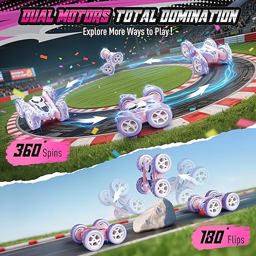 Vista 80 de Auto de control remoto para niños, auto de acrobacias RC giratorio de 360°, vehículo eléctrico 4WD de doble cara con luces LED, autos de juguete